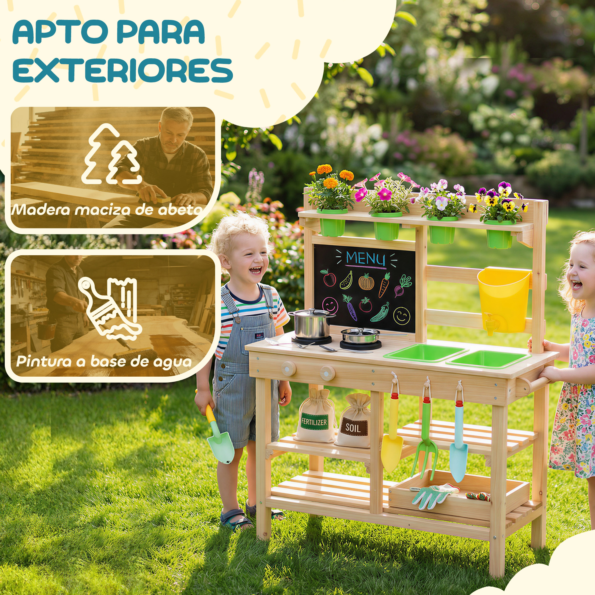 Dos niños juegan felices en un jardín junto a una cocina de juguete de madera con flores.