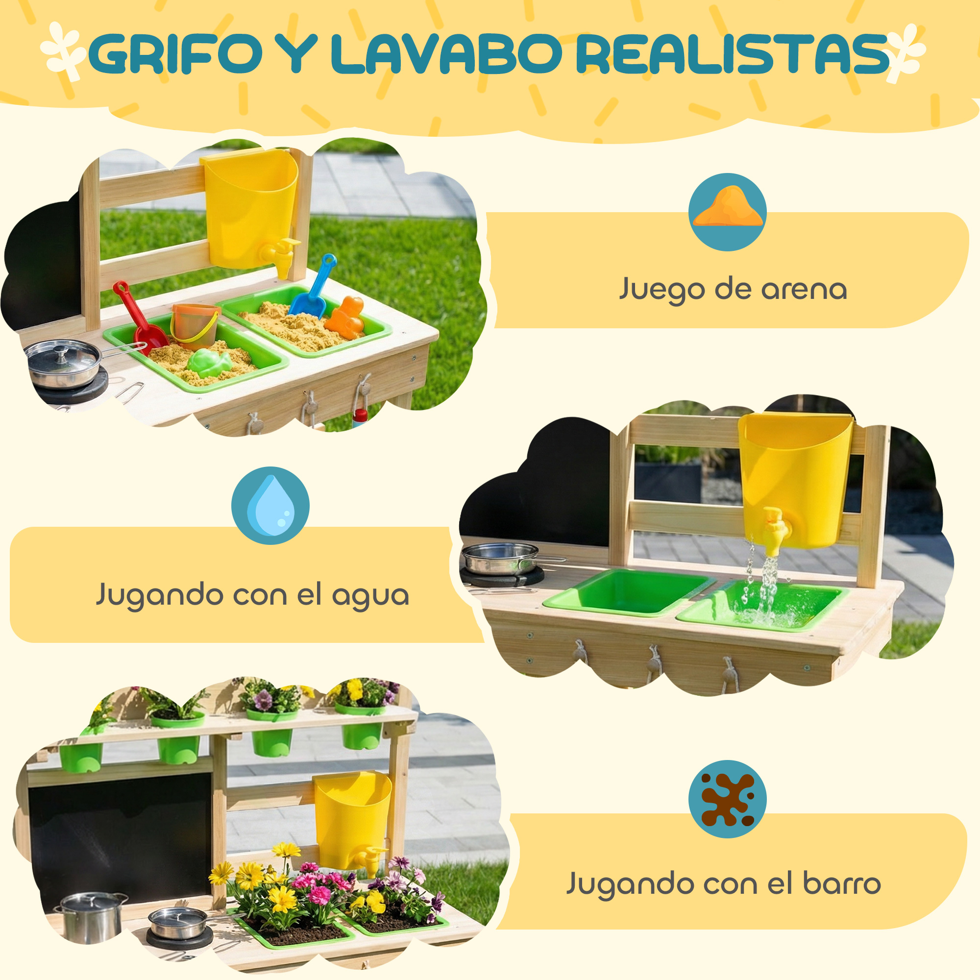 Una cocinita de juguete de madera muestra juego con arena, agua fluyendo de un grifo y flores con barro.