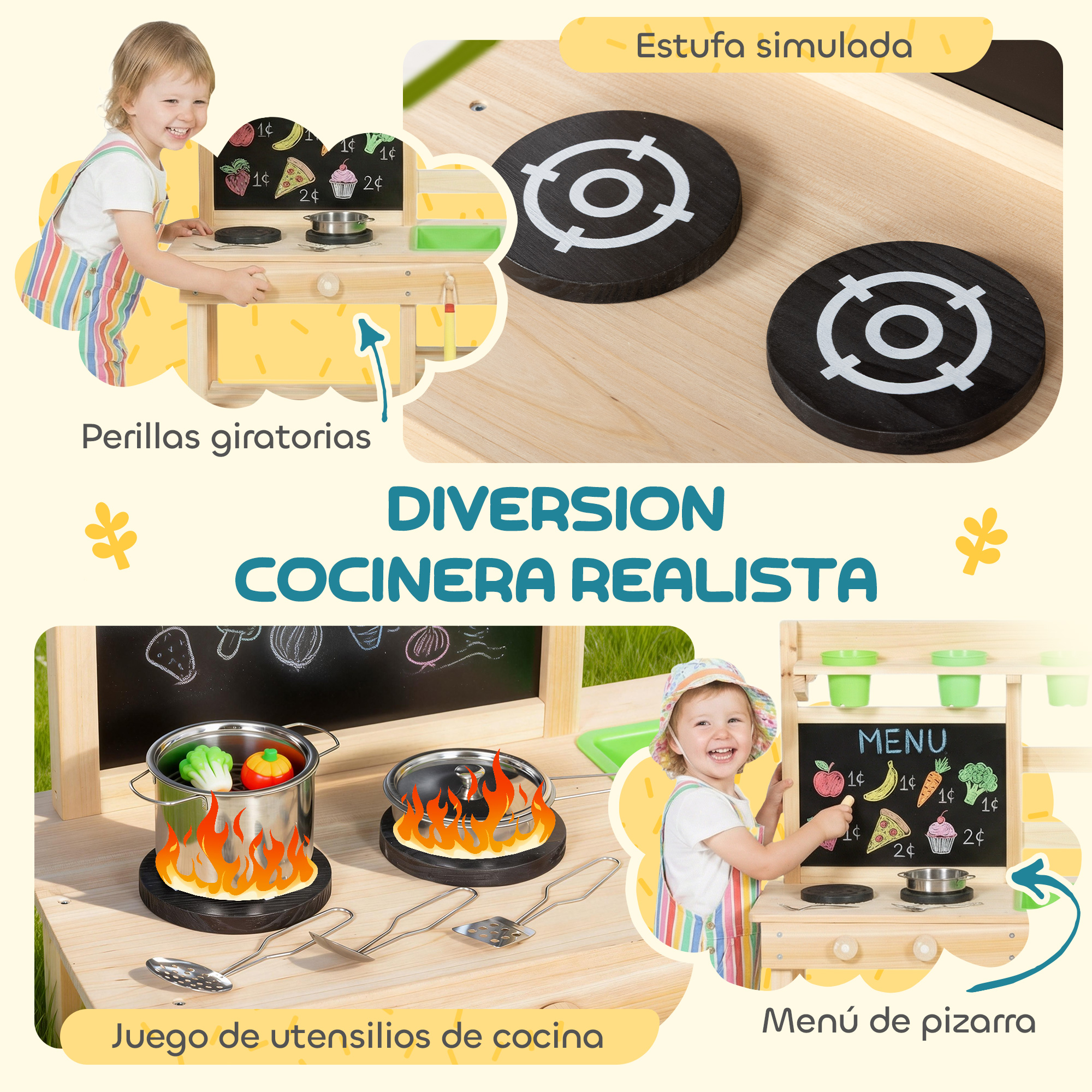 Niño pequeño jugando con cocina de juguete de madera, estufa y pizarra.