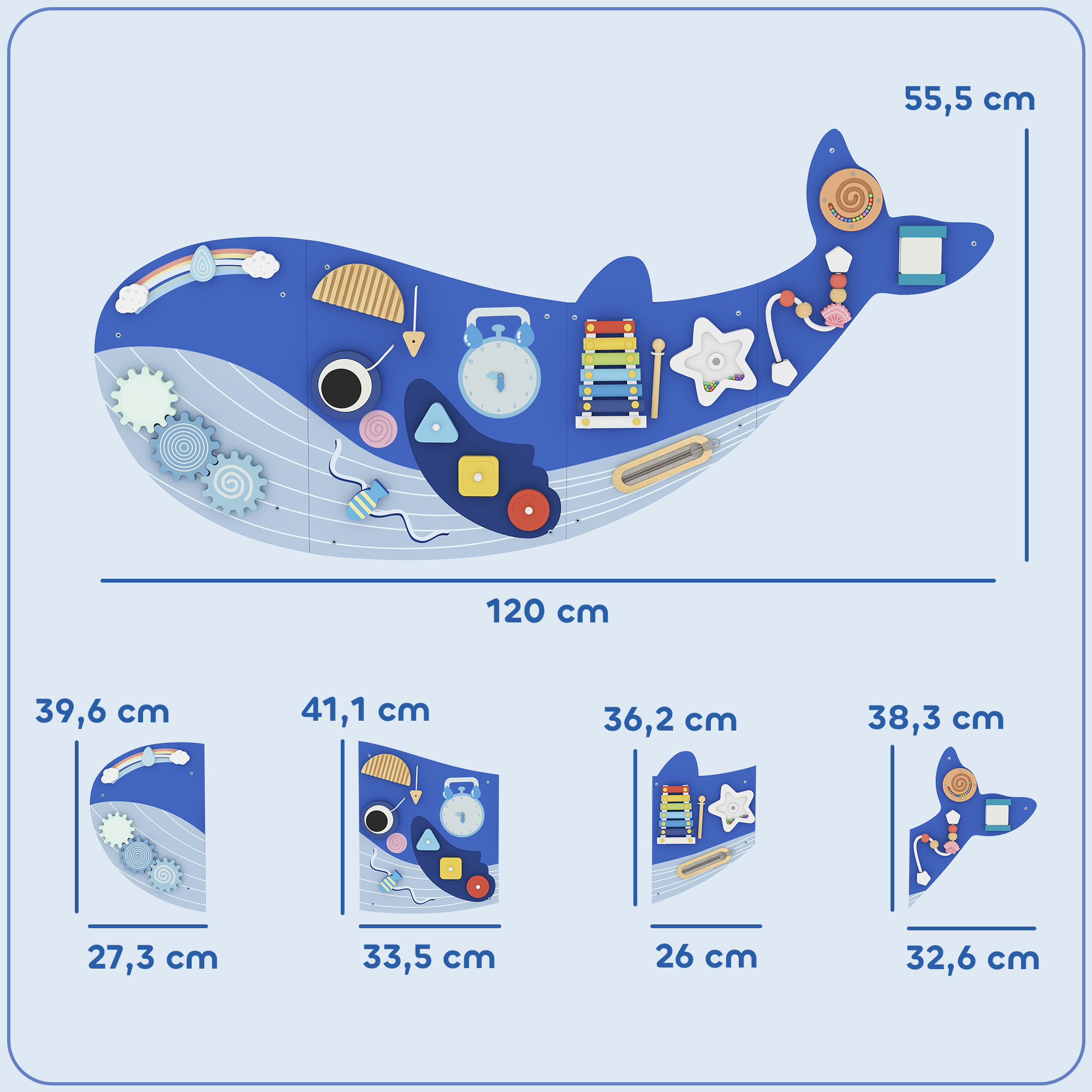 Tablero de actividades con forma de ballena azul, engranajes y xilófono. Mide 120x55,5 cm.