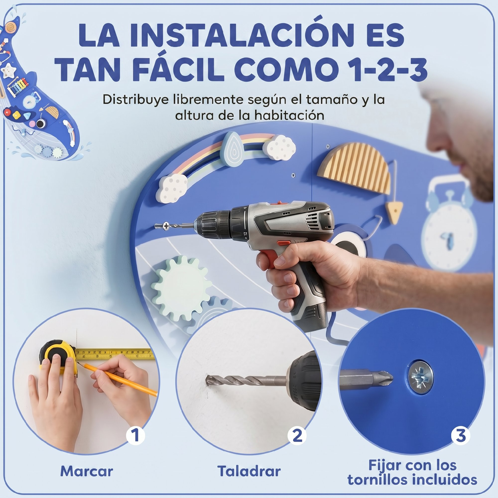 Guía de instalación en pared con medición, taladro y tornillos.