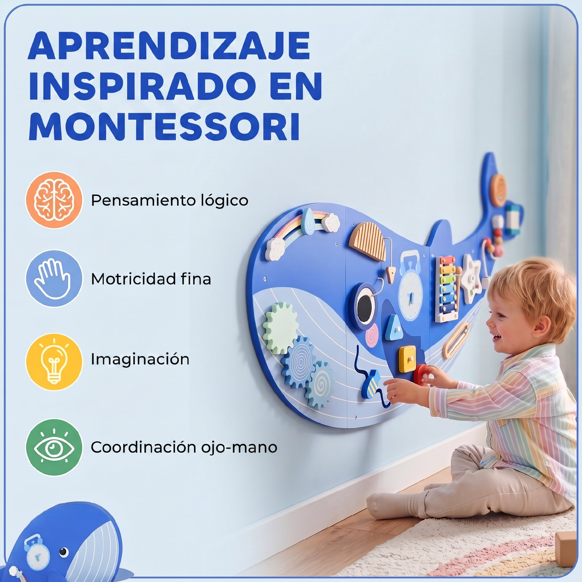 Niño pequeño jugando con un tablero de actividades Montessori de ballena azul.