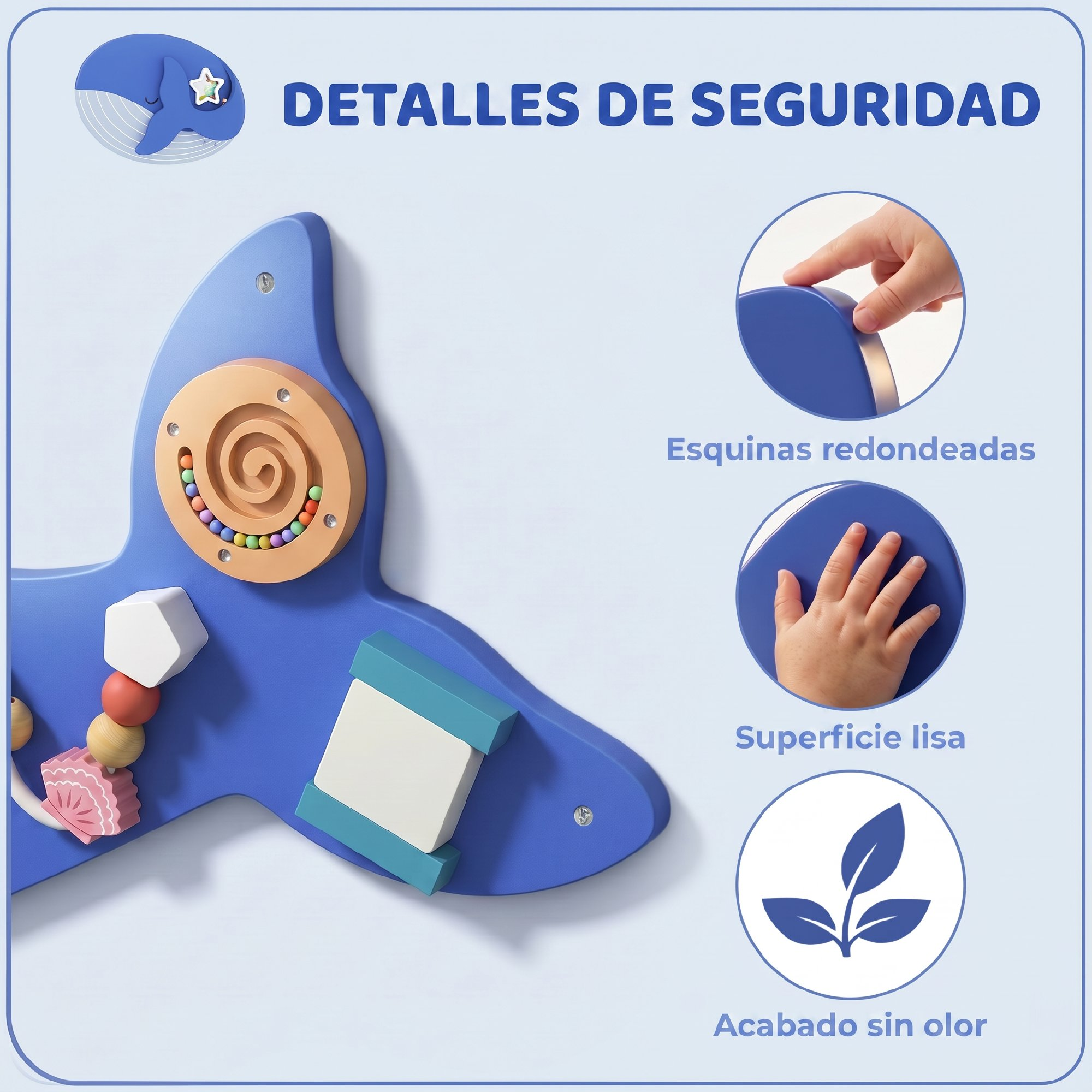 Detalles de seguridad de una pared de madera azul con esquinas redondeadas, superficie lisa y acabado sin olor.