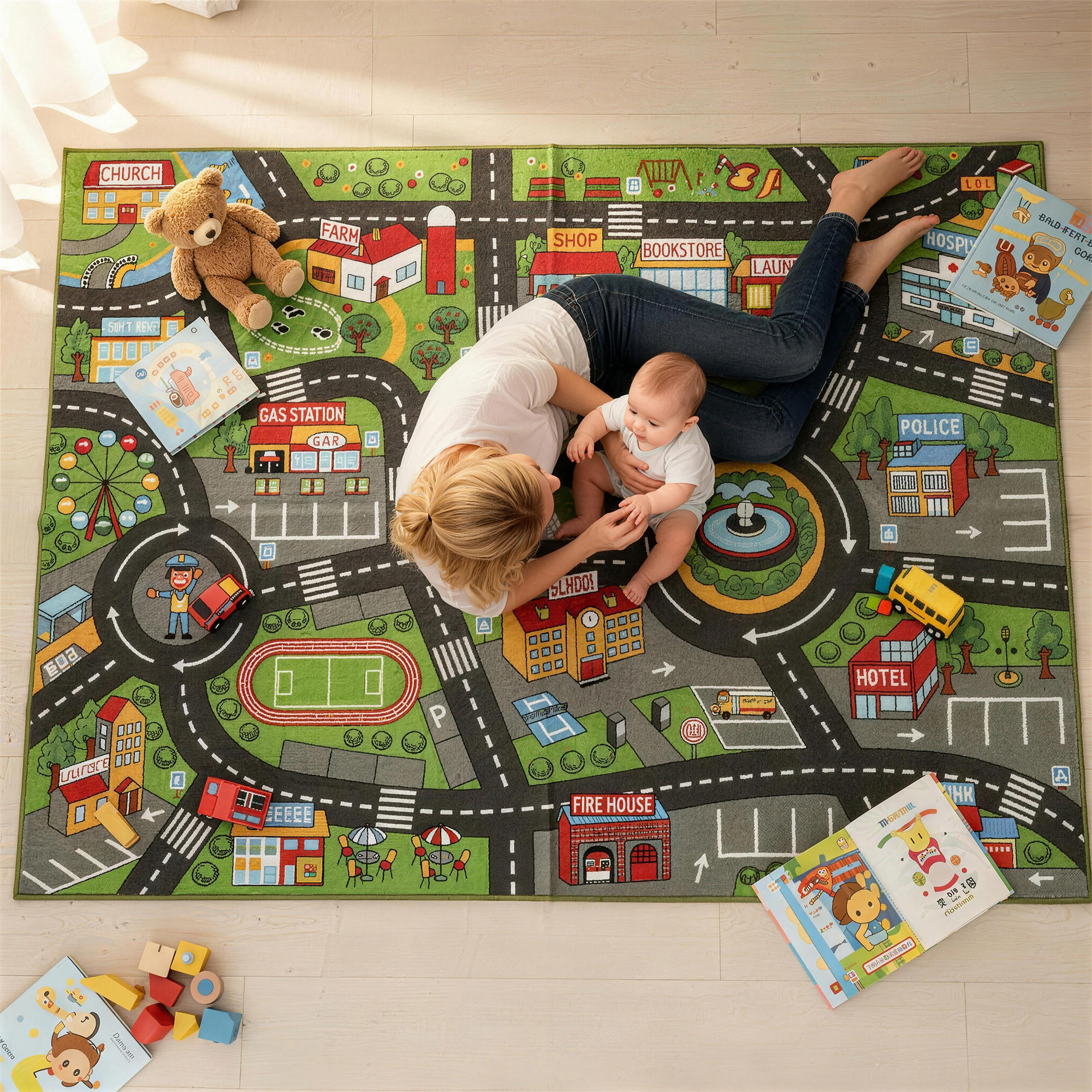 Una mujer y un bebé se sientan en una alfombra de juegos colorida con diseño de carretera, rodeados de juguetes y libros.
