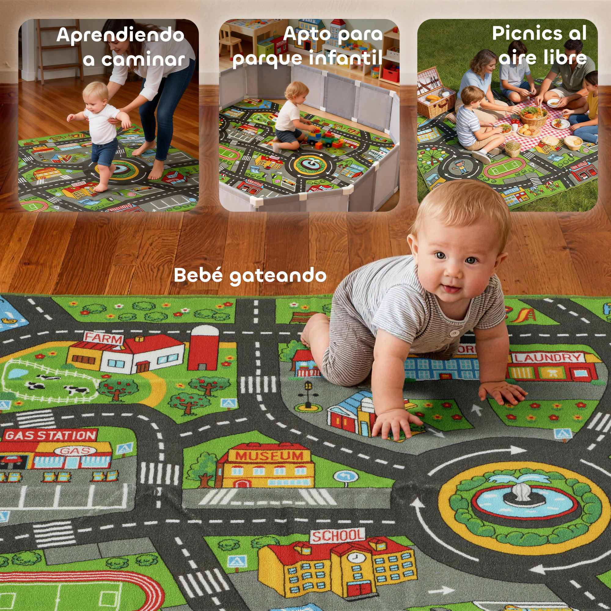 Un bebé gatea sobre una alfombra de juego con mapa de ciudad, en varios usos.