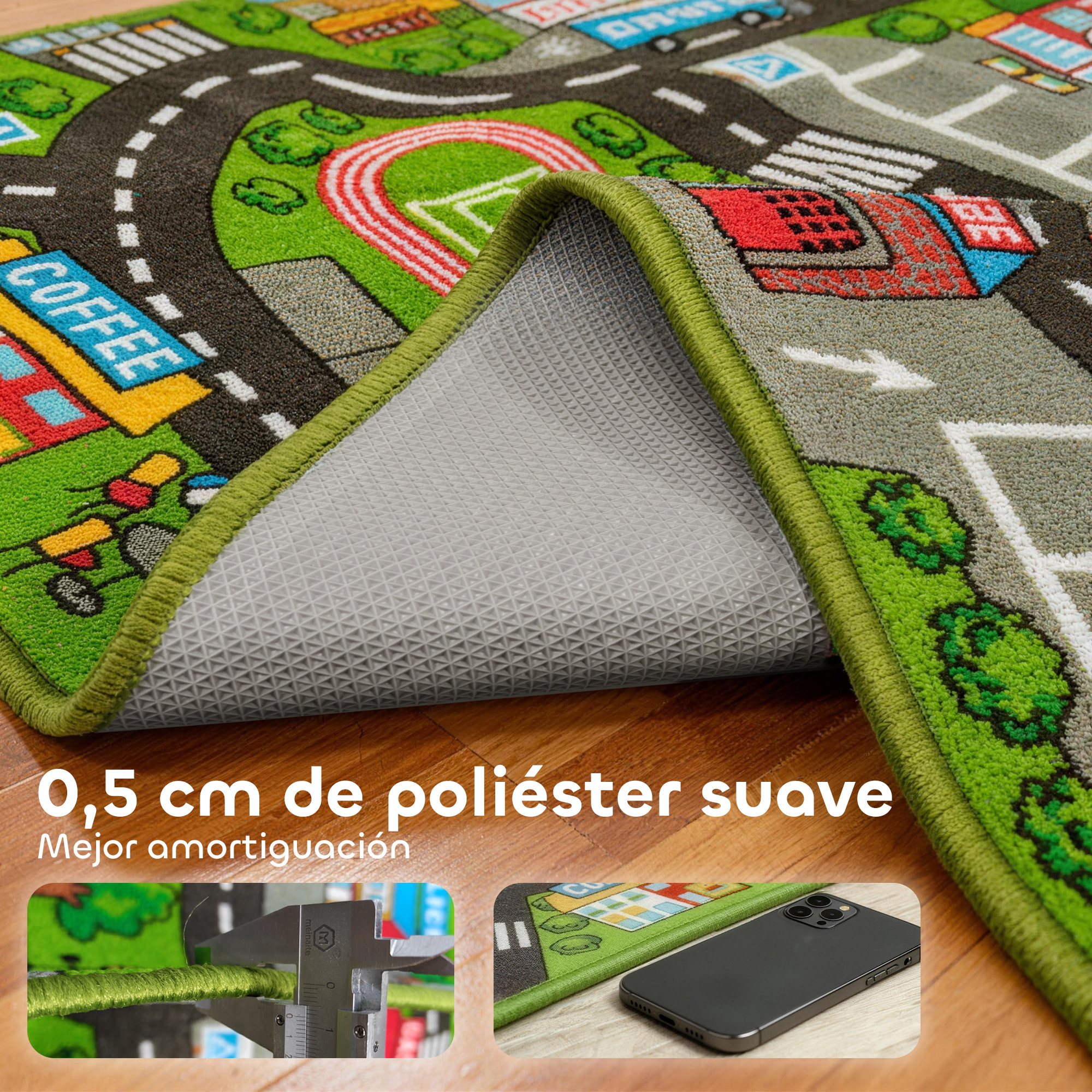 Alfombra infantil colorida con mapa de carreteras, mostrando su textura de poliéster y reverso.