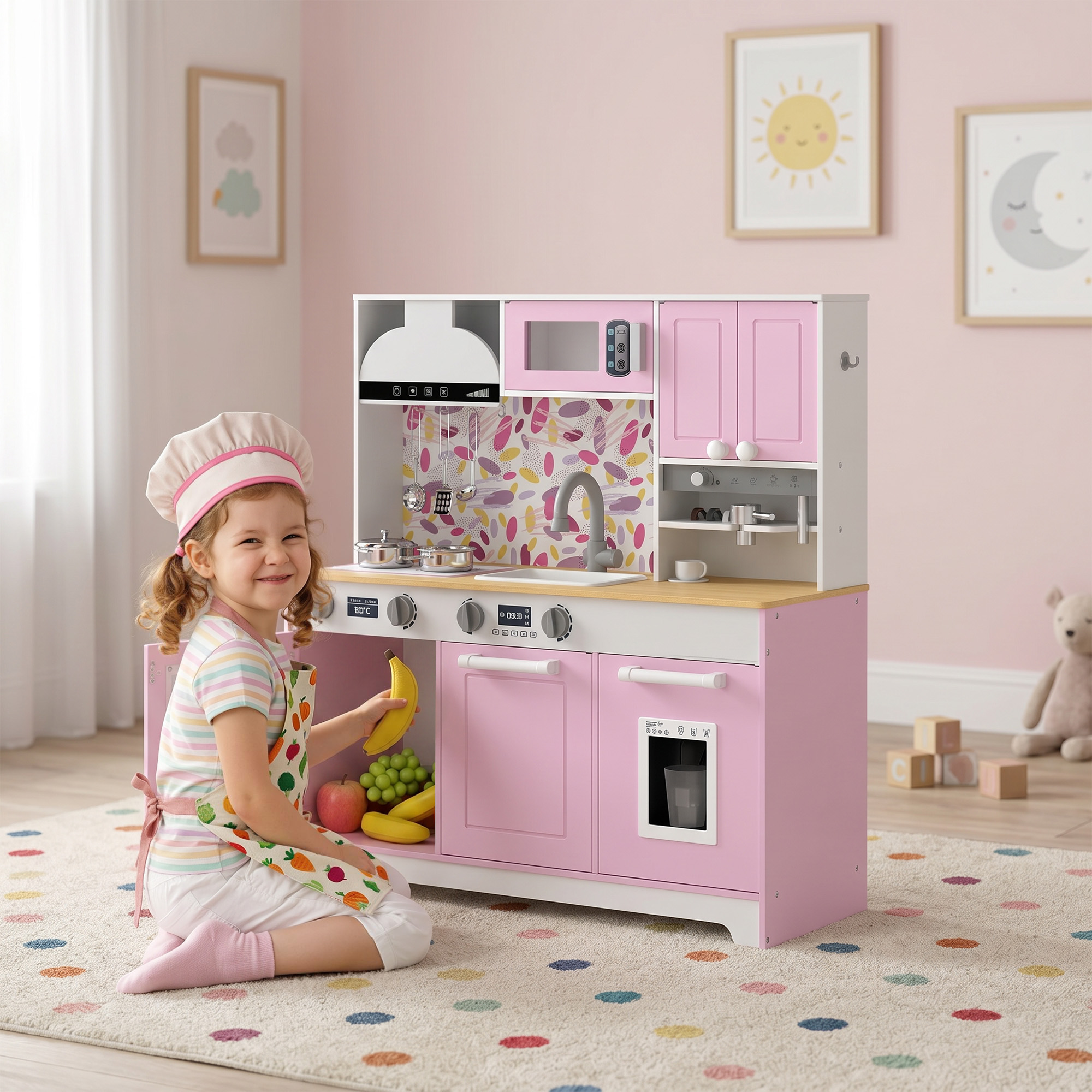 Una niña con delantal y gorro de cocinero se arrodilla y sonríe junto a una cocina de juguete rosa.