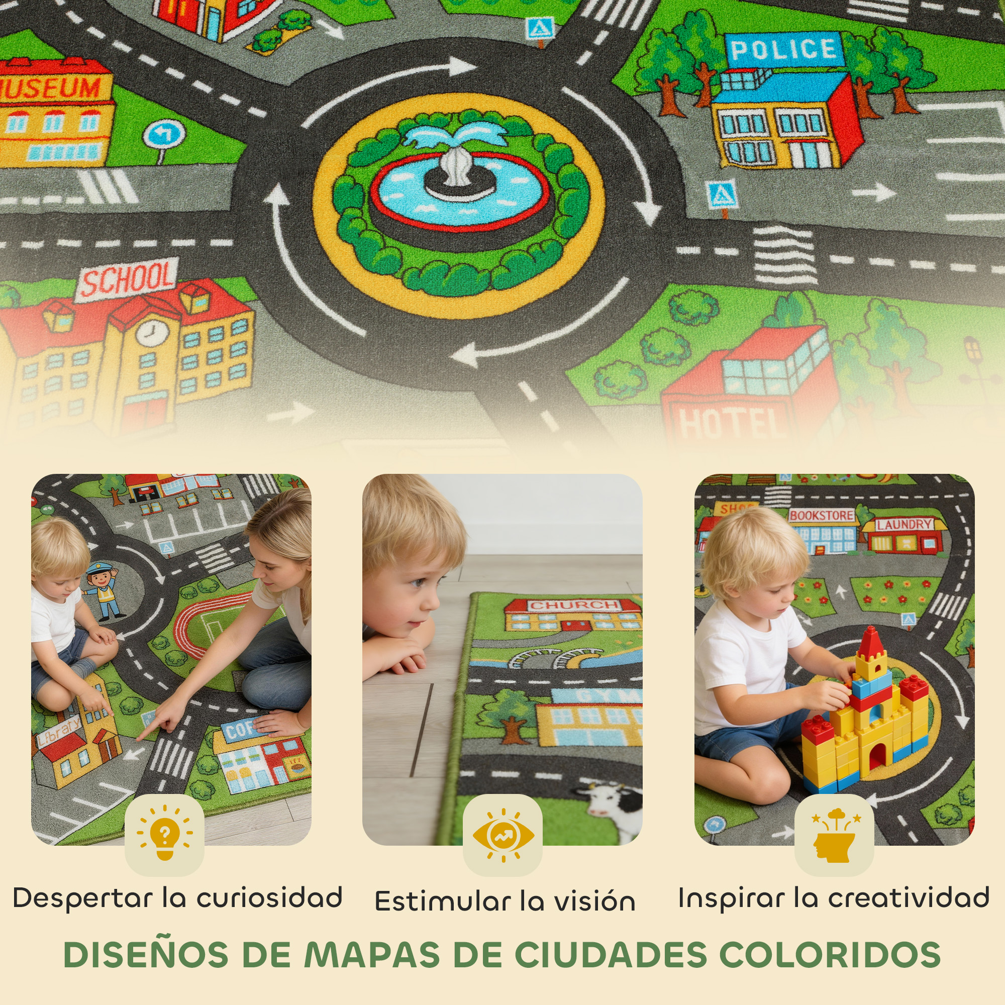 Alfombra de juego infantil con calles coloridas, edificios, una rotonda y tres imágenes insertas de niños jugando.