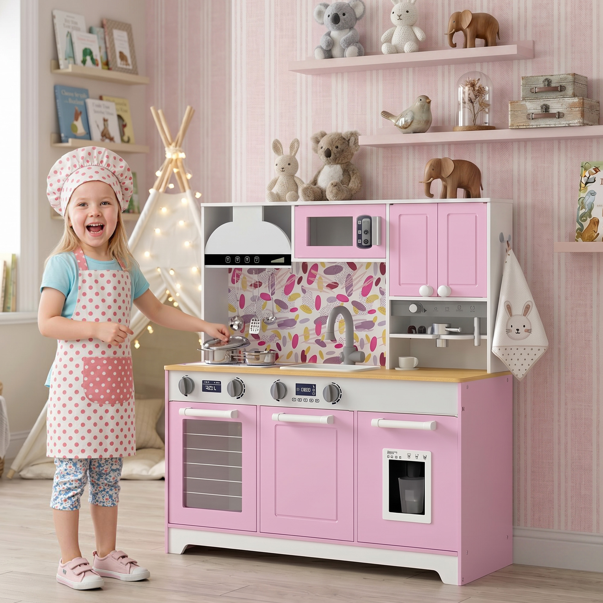 Una niña con gorro de cocinero y delantal juega felizmente con una cocina de juguete rosa y blanca en una habitación infantil.