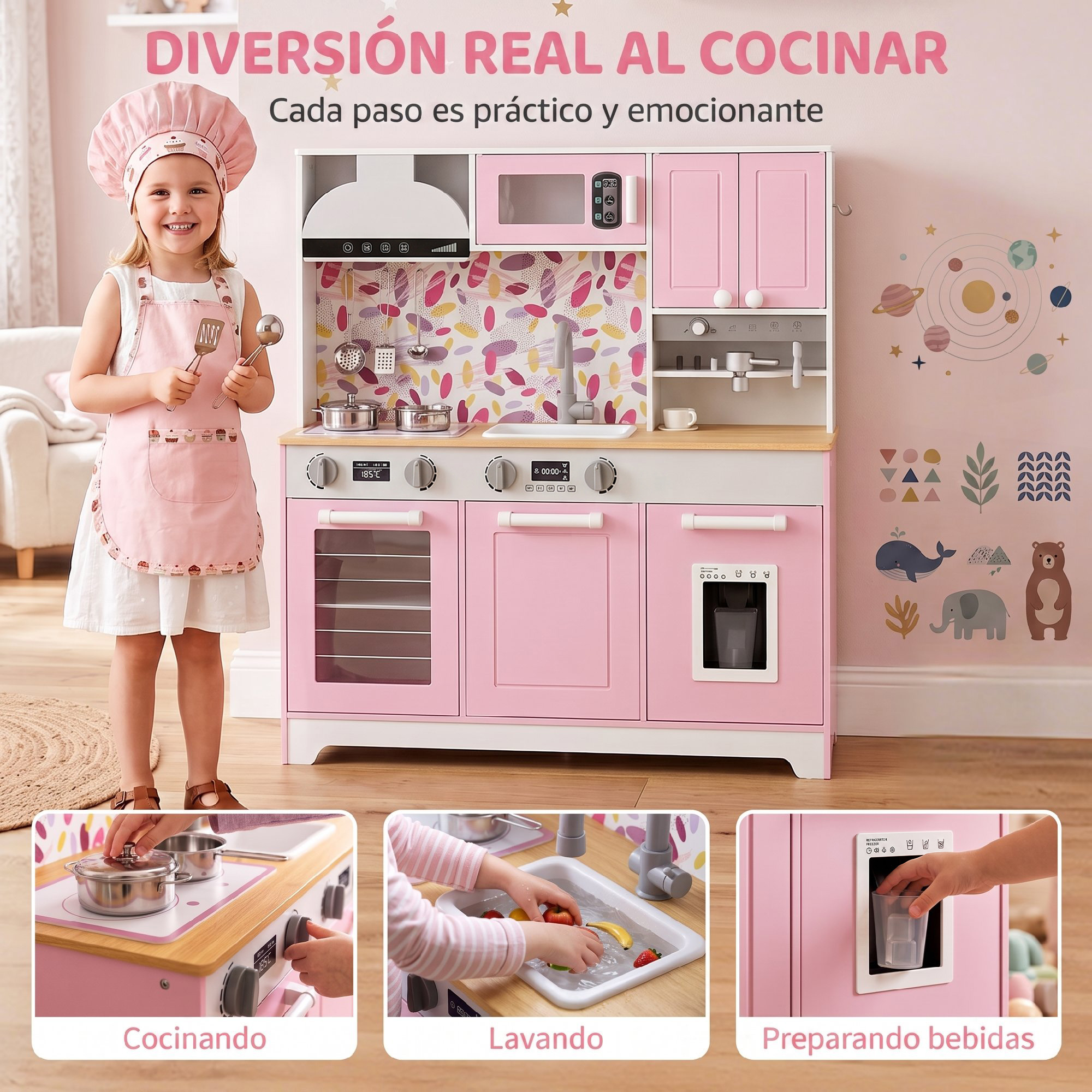 Una niña vestida de chef está junto a una gran cocina de juguete rosa con varios accesorios.