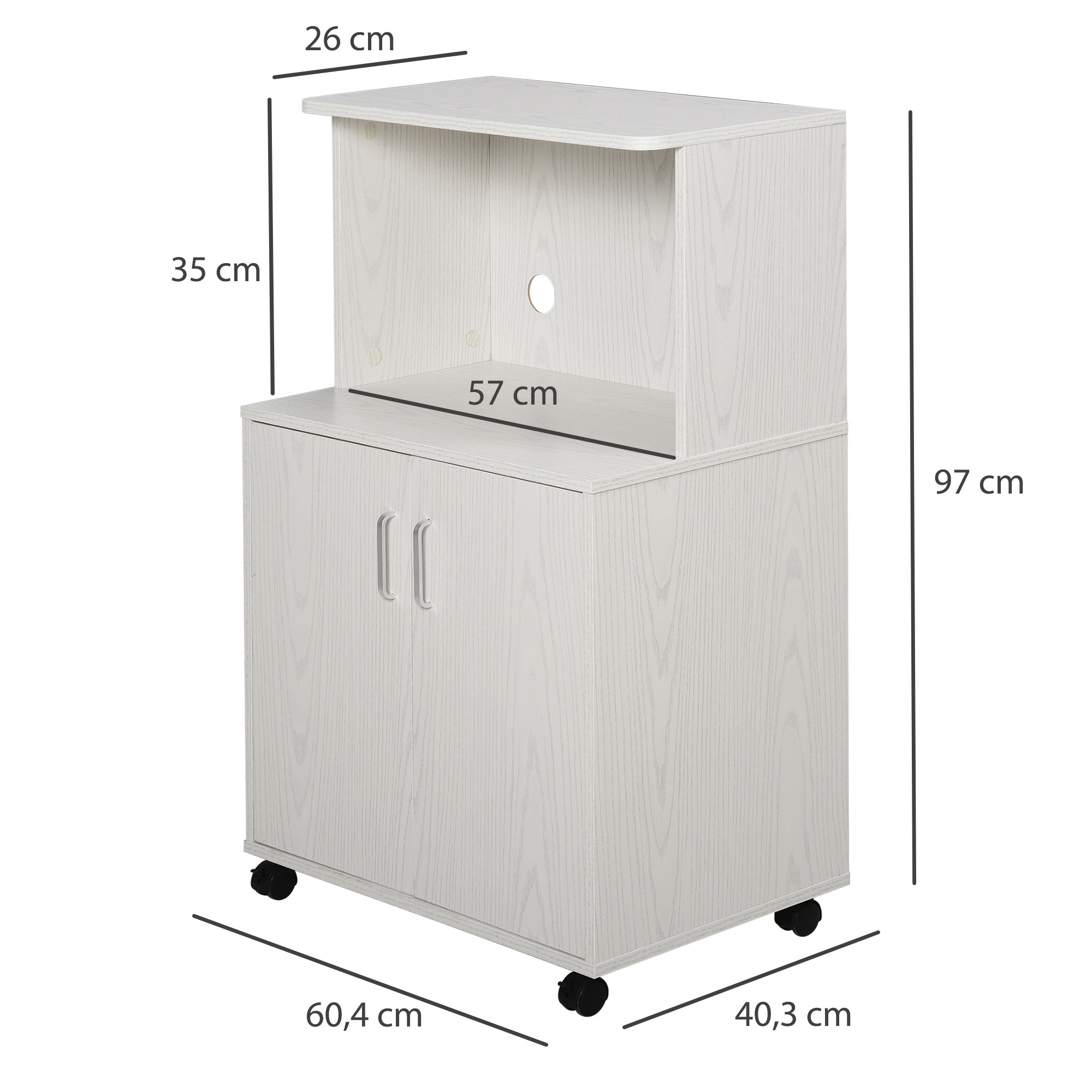 Carro de microondas blanco con ruedas de 60,4x40,3x97 cm, estante abierto con pasacables y armario inferior.