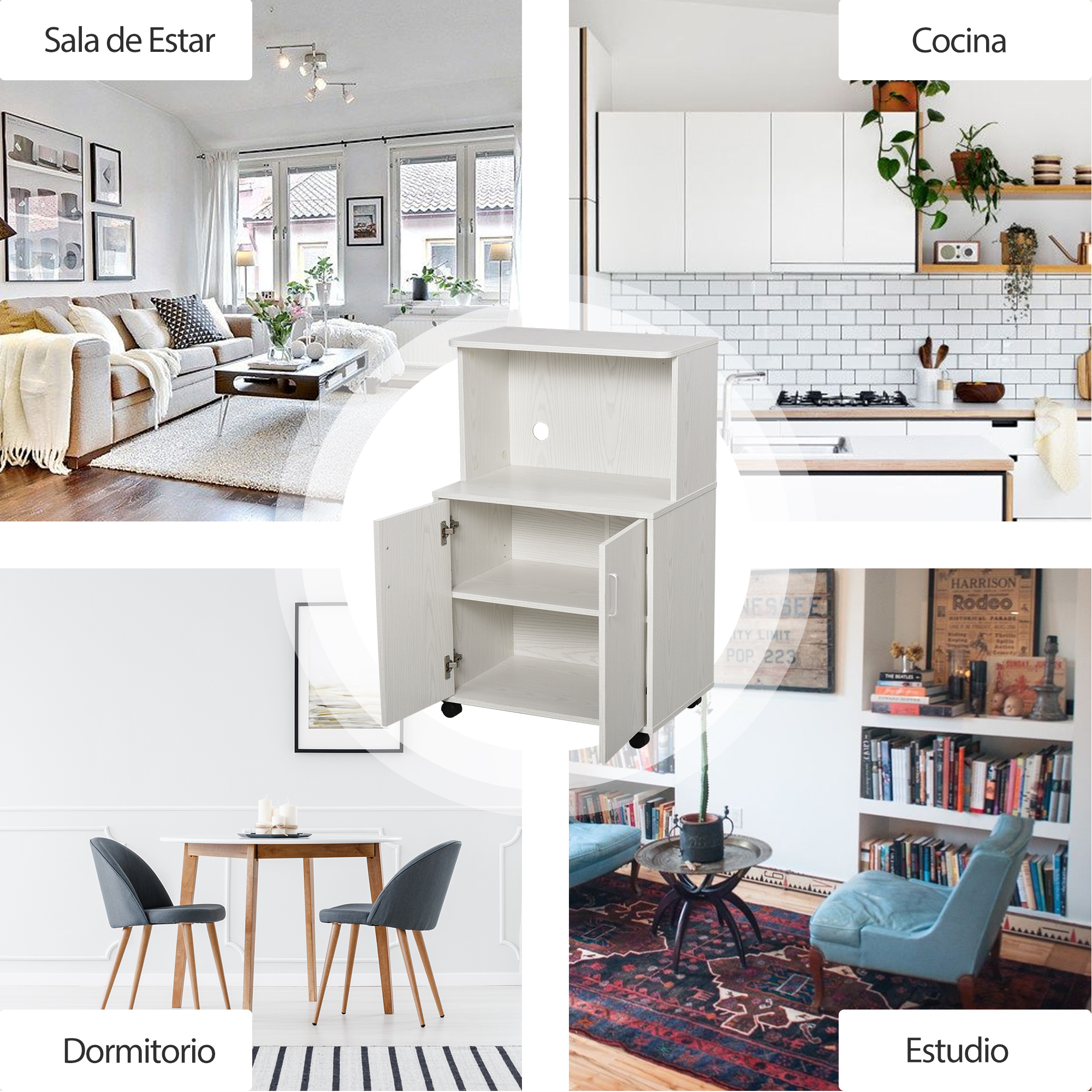 Un carrito de cocina blanco con ruedas, gabinete y estantes, mostrado con ejemplos de uso en varias habitaciones.