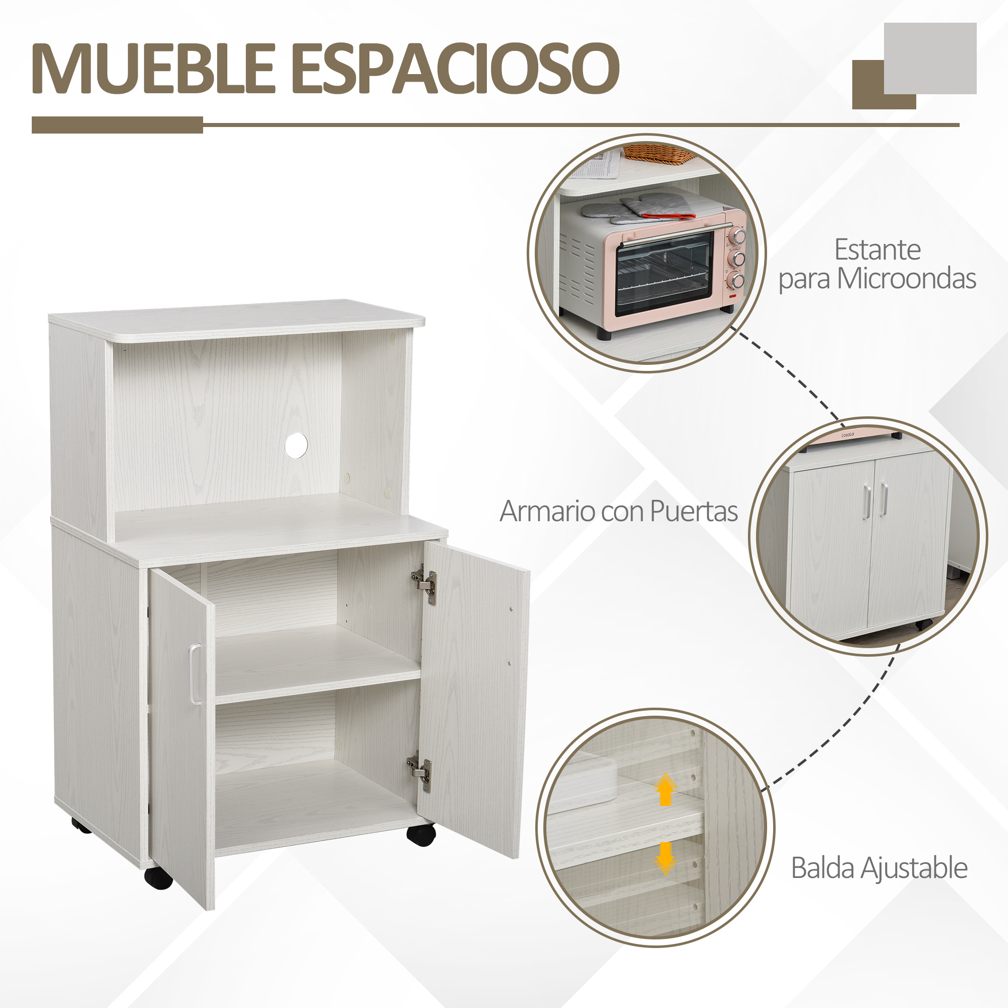 Mueble de cocina blanco con estante para microondas, puertas cerradas y balda ajustable interior.