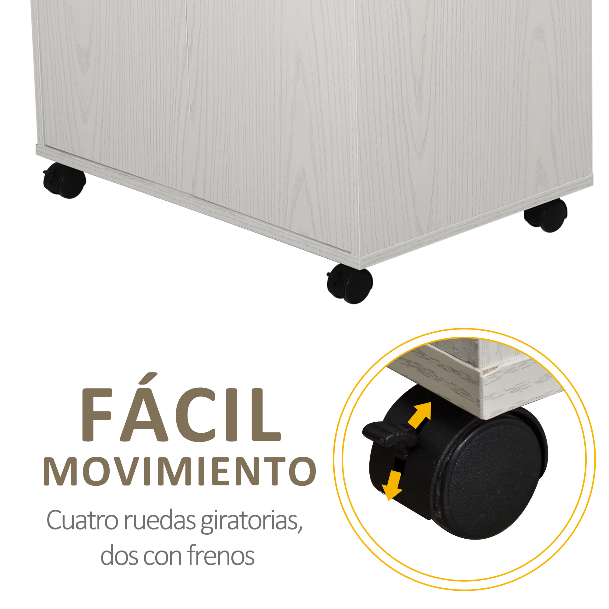Gabinete blanco sobre cuatro ruedas giratorias negras, dos con frenos.
