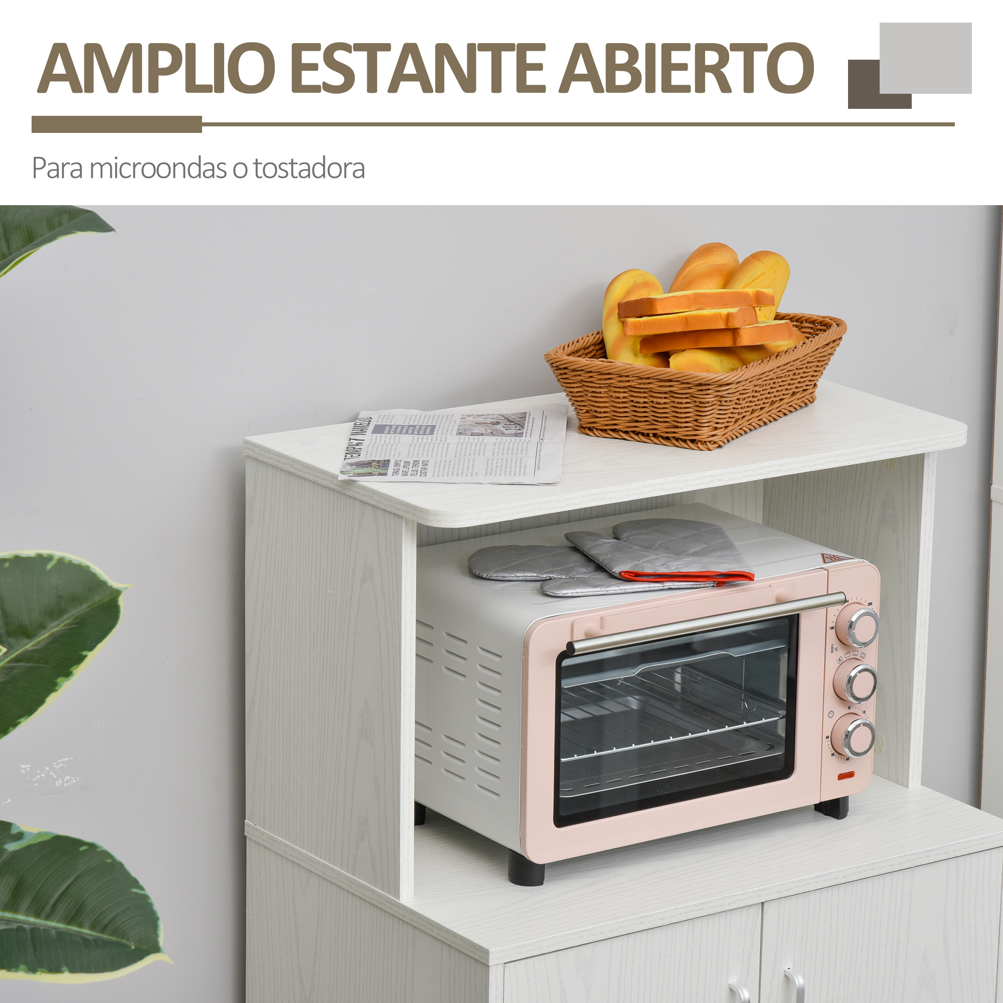 Un mueble de cocina blanco con estante abierto, un horno tostador rosa y una panera arriba.