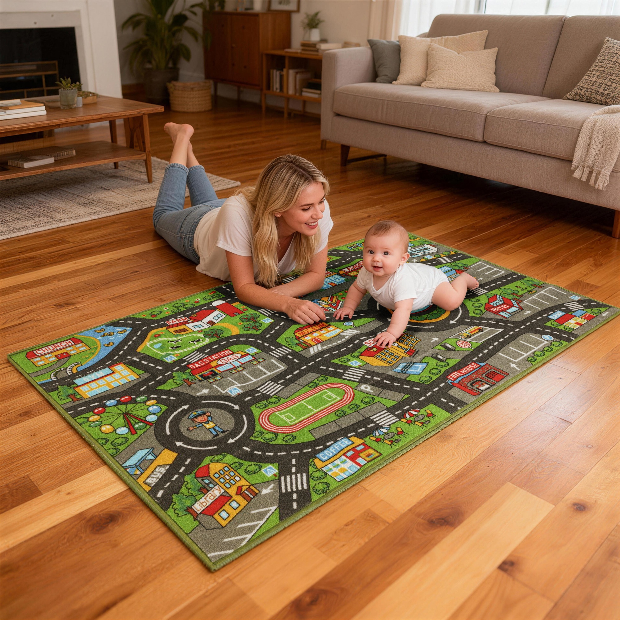 Una mujer y un bebé juegan en una alfombra de juegos con diseño de ciudad en el suelo.