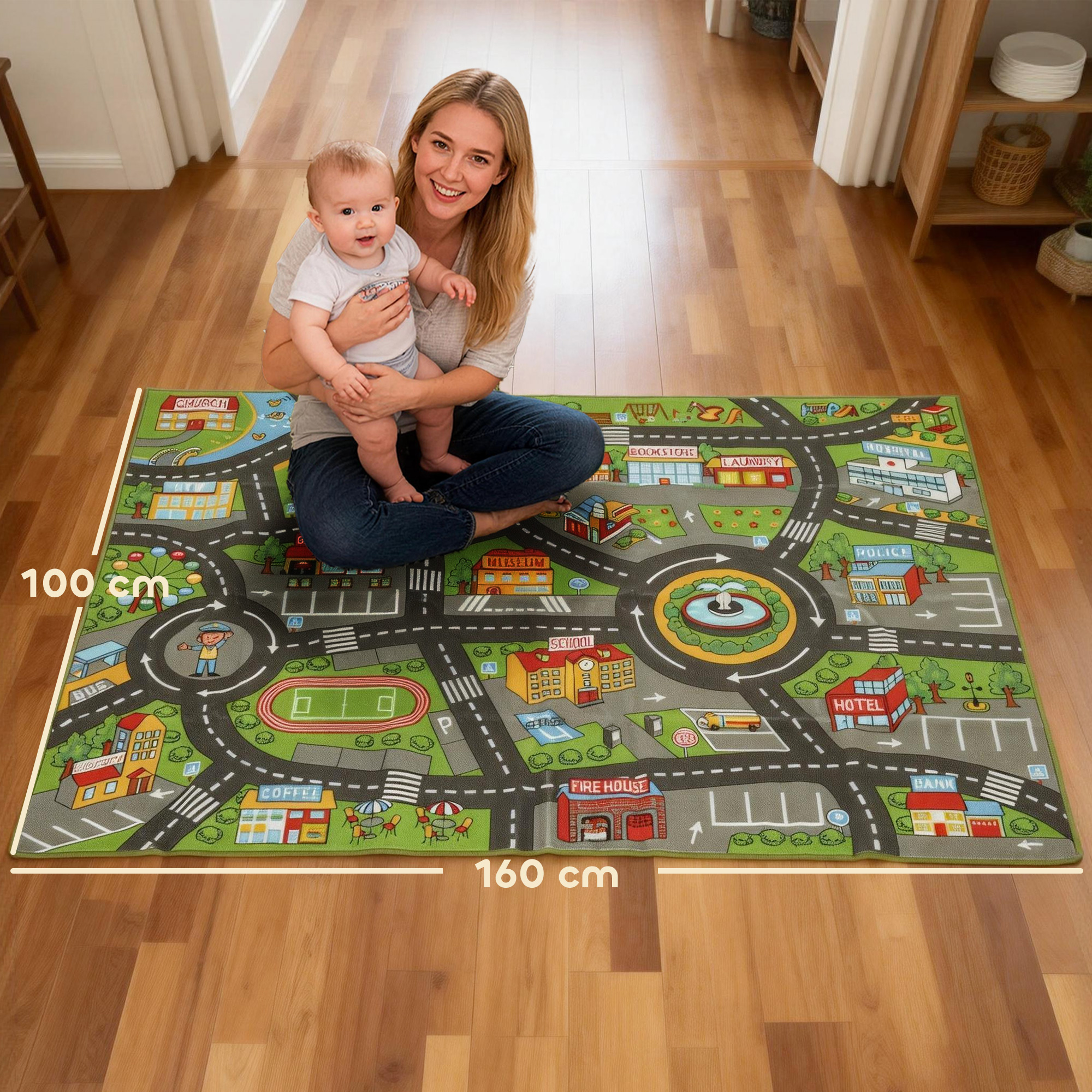 Una mujer y un bebé se sientan en una alfombra de juego con mapa de ciudad de 160x100 cm.