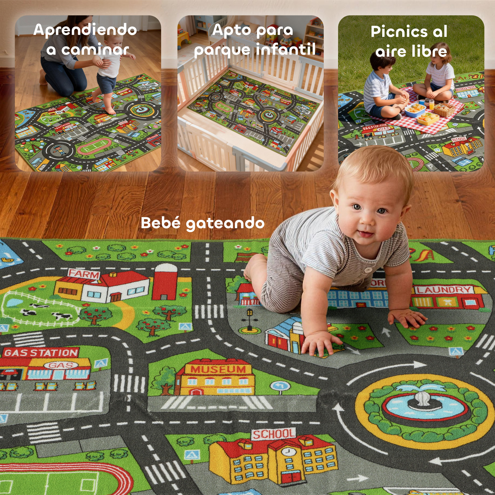 Un bebé gatea sobre una alfombra de juego con diseño de mapa urbano y varios usos.