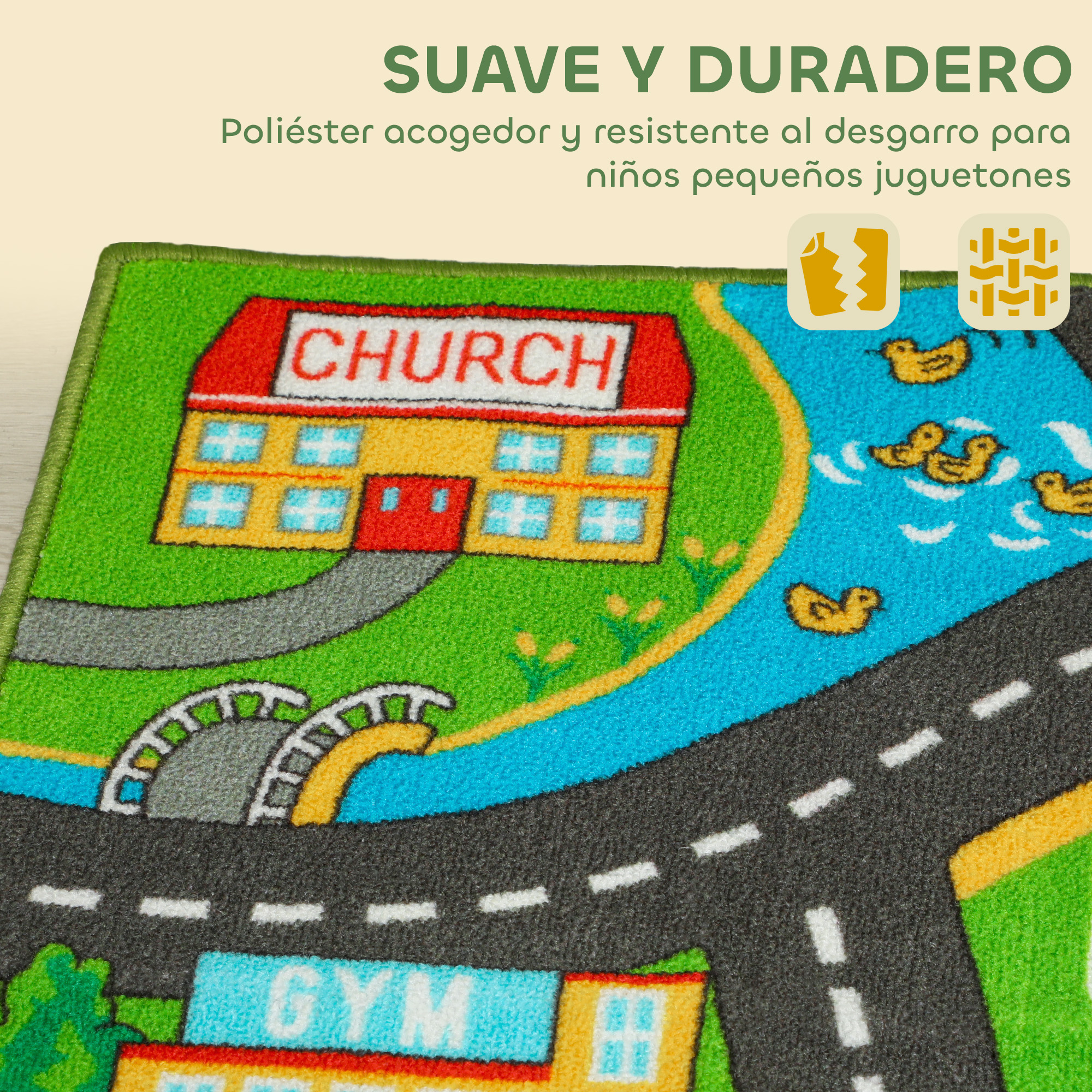 Alfombra de juegos con iglesia, carretera, río con patos y un gimnasio.