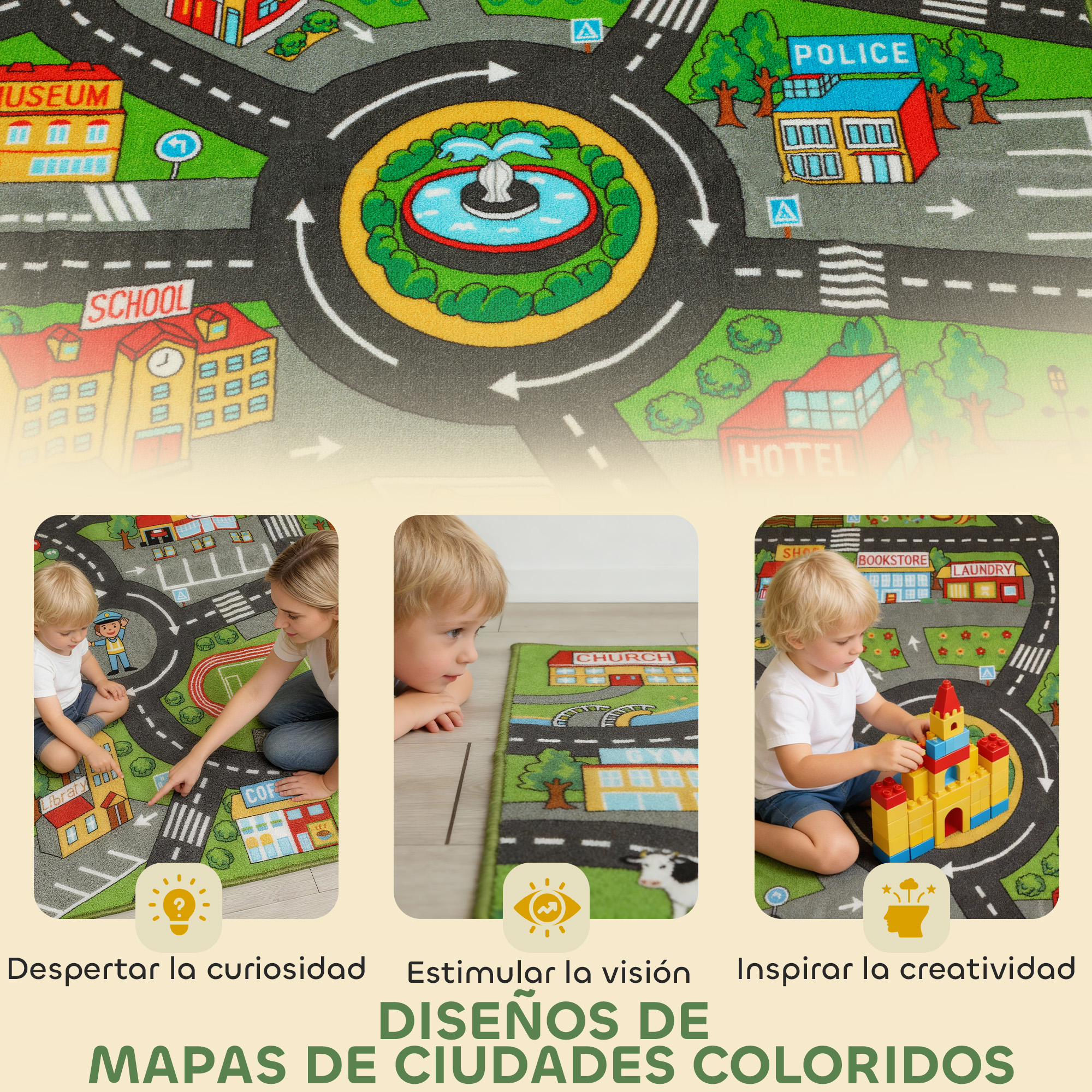 Alfombra de juego de mapa de ciudad colorida para niños con calles y edificios.