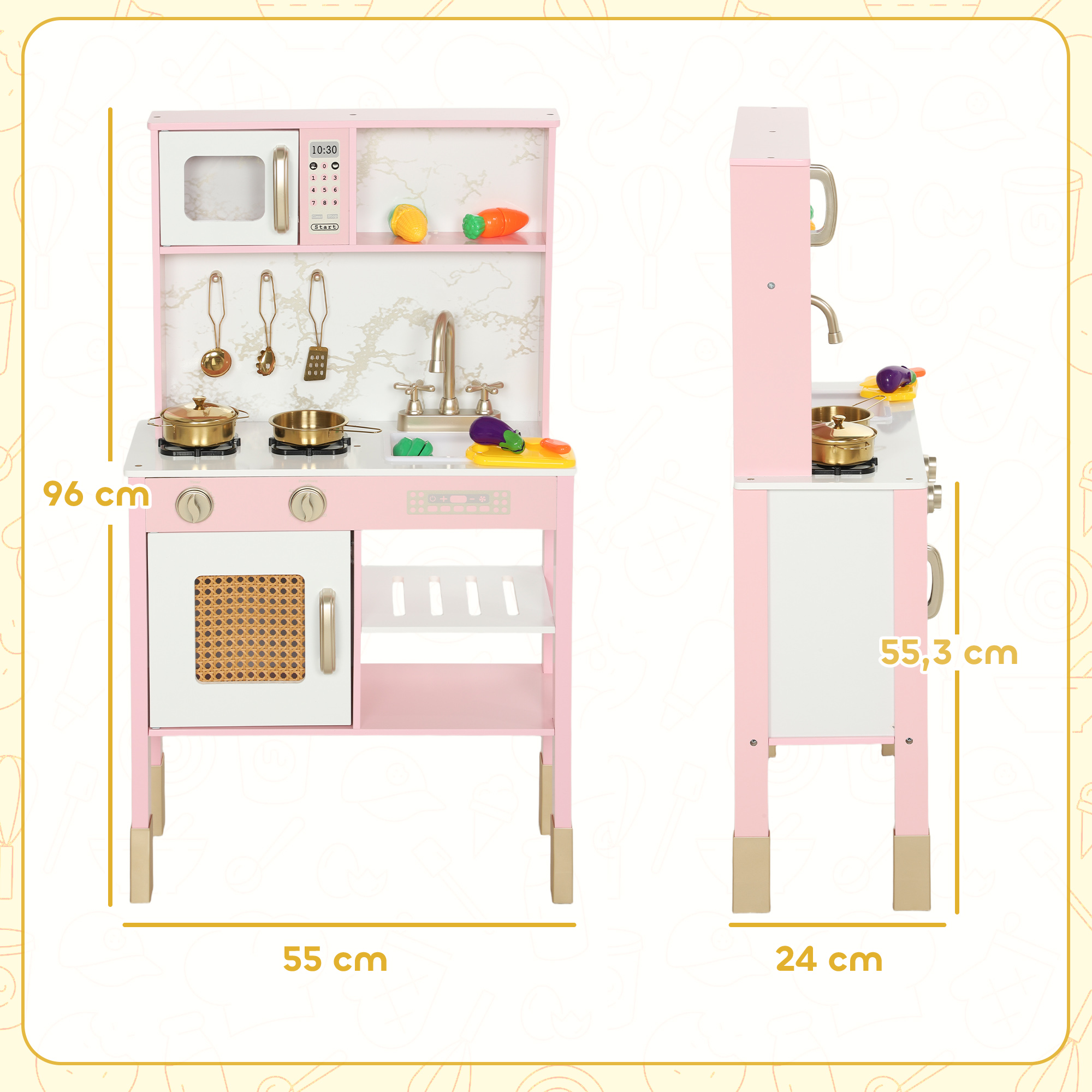Cocina de juguete rosa y blanca con ollas, utensilios y dimensiones en centímetros.