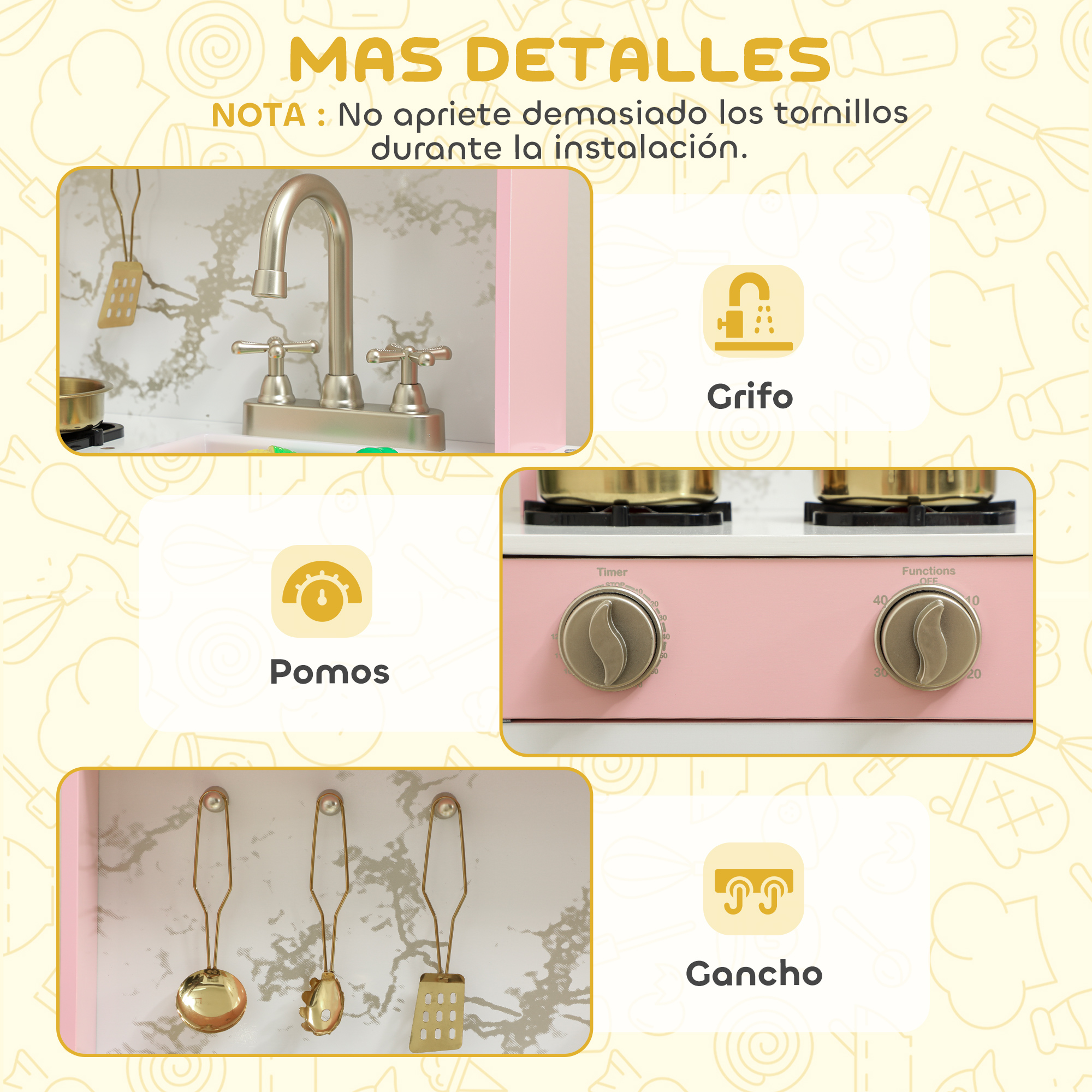 Detalles de una cocinita de juguete muestran grifo, mandos y ganchos con fondo de mármol.