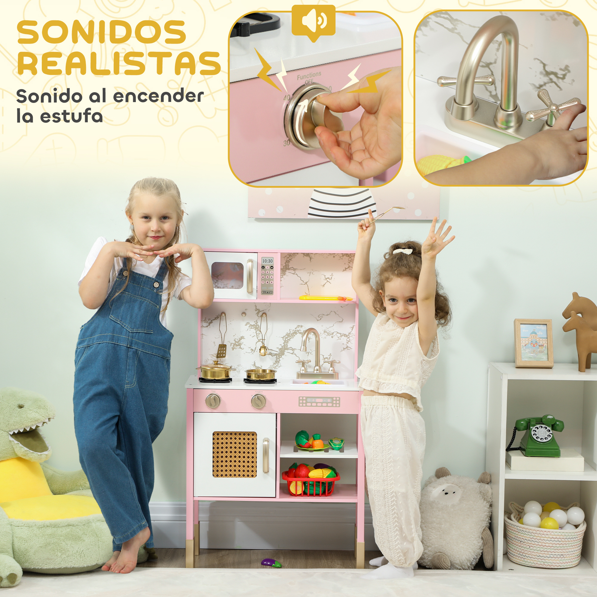 Dos niñas jugando con una cocina de juguete rosa en una sala.