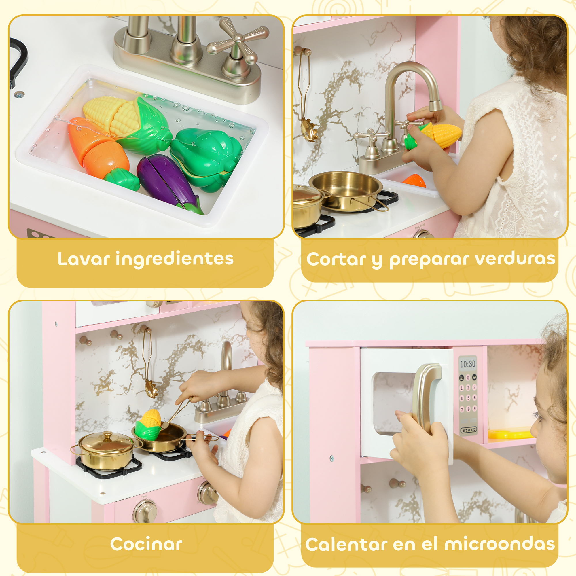 Cuatro imágenes muestran a un niño jugando con una cocina de juguete rosa, lavando, cortando, cocinando y calentando.