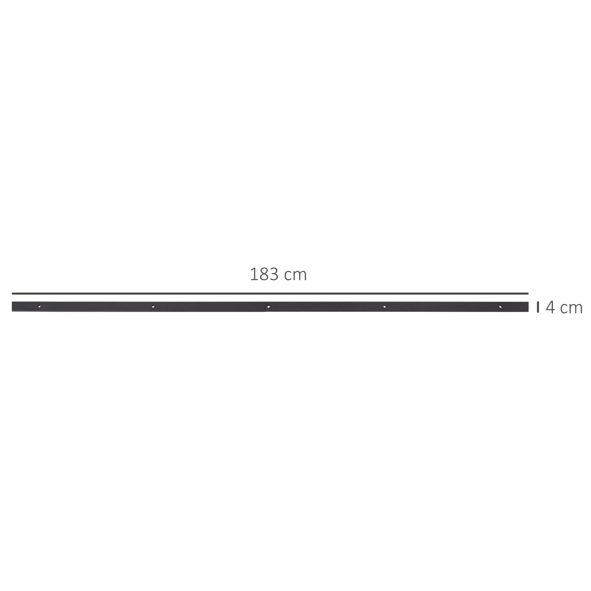 Dibujo técnico de un carril negro de 183 cm de largo y 4 cm de ancho con agujeros pretaladrados.