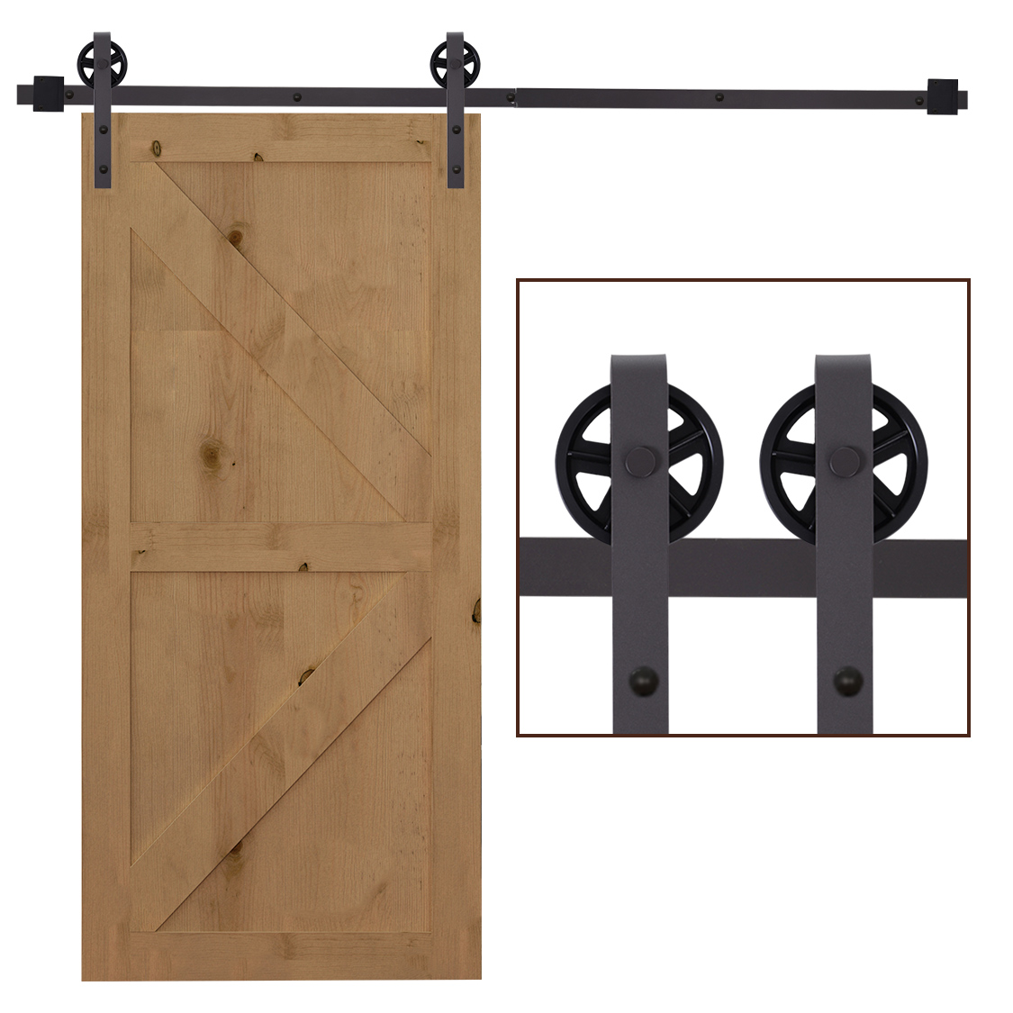 Una puerta de granero de madera en un riel metálico negro con un recuercio de las ruedas.