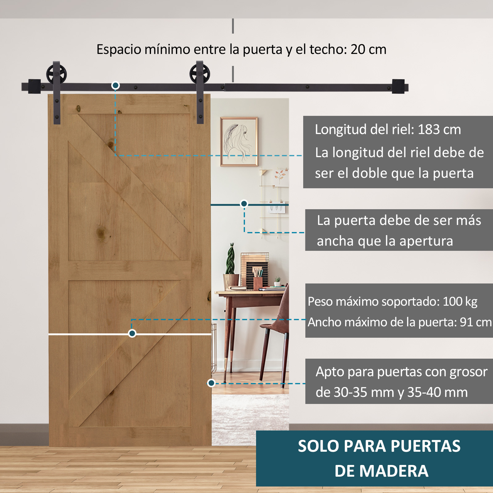 Puerta corredera de madera con herrajes negros y medidas en español.