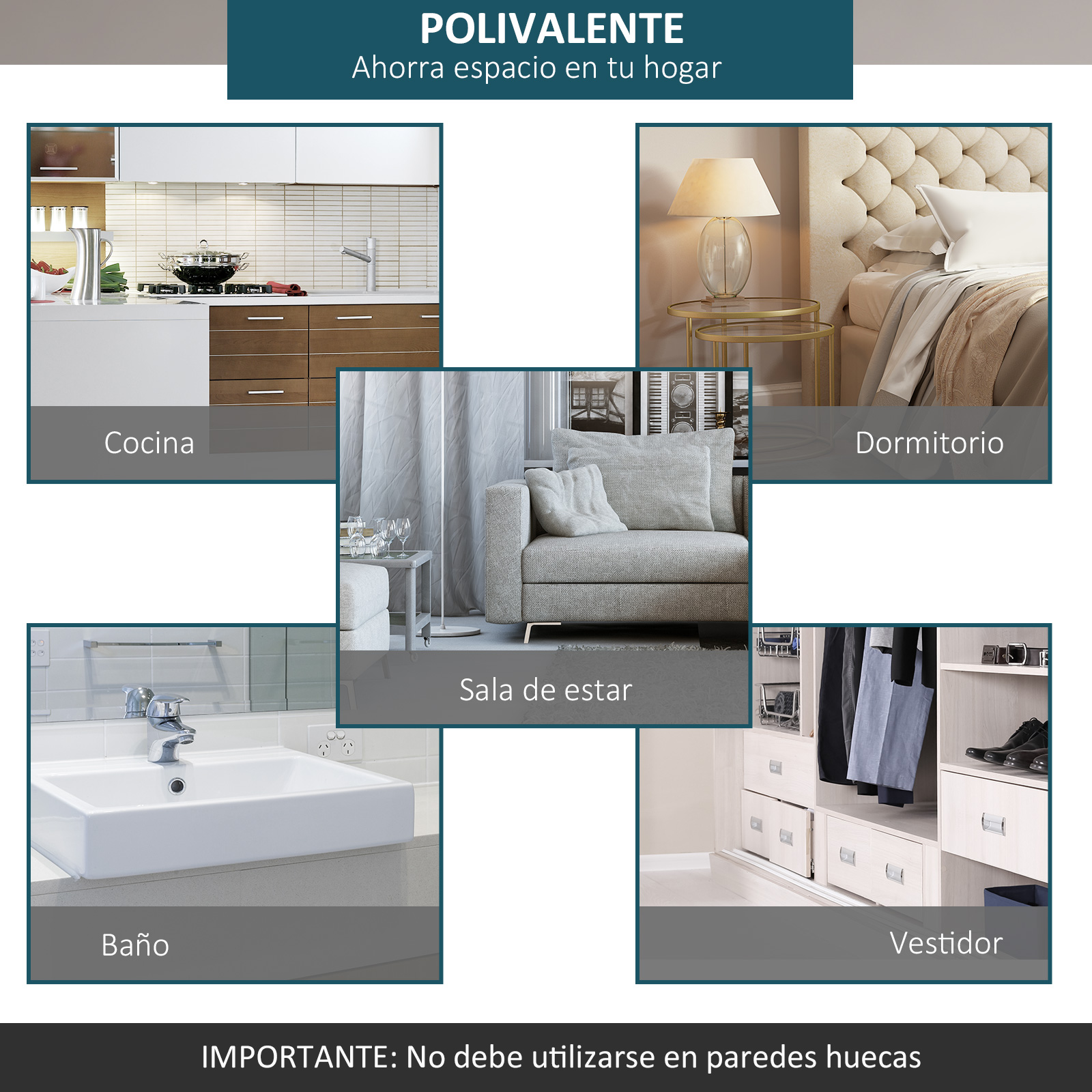Collage que muestra áreas del hogar como cocina, dormitorio, sala de estar, baño y vestidor.