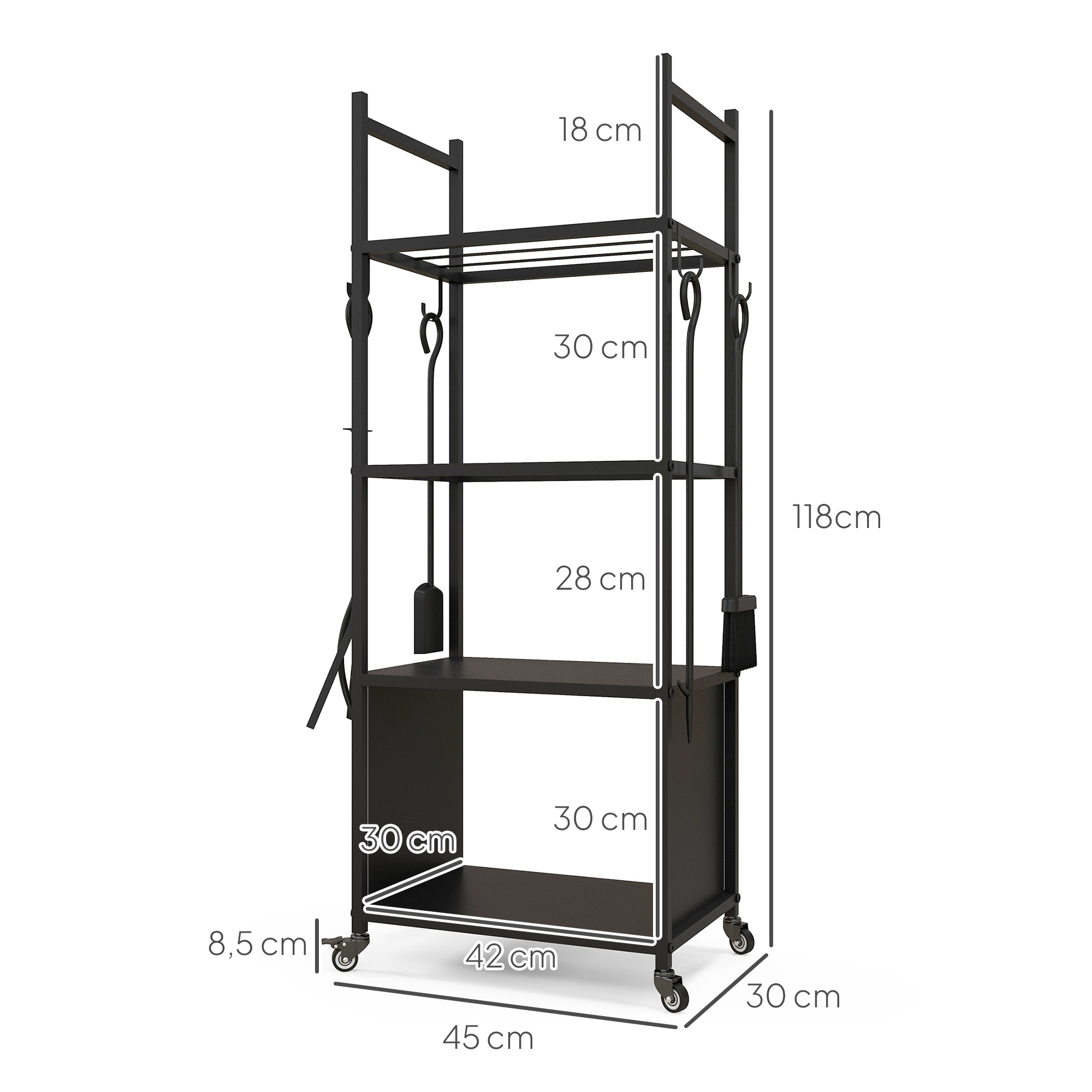 Estante para chimenea de metal negro con ruedas y dimensiones en centímetros.