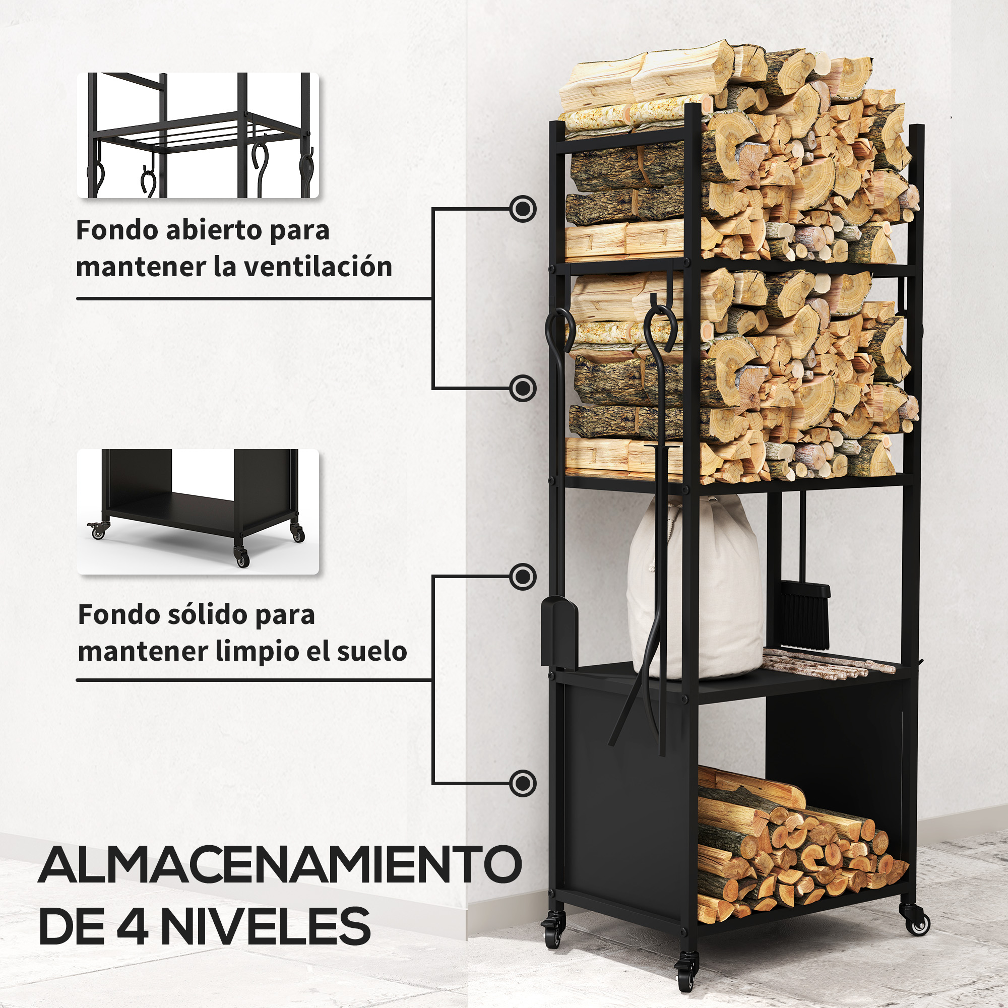 Un estante para leña negro de cuatro niveles con ruedas, lleno de madera apilada, herramientas e infografías.