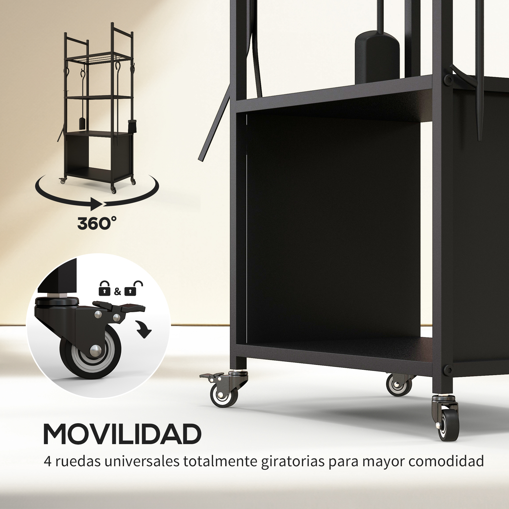 Estantería de metal negro sobre cuatro ruedas con bloqueo e inserción de la rueda.