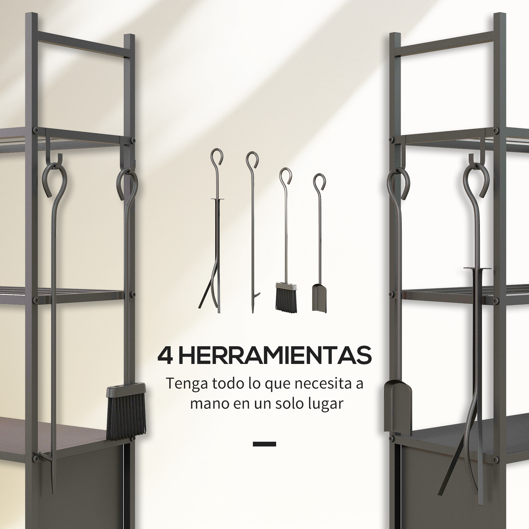 Cuatro herramientas de chimenea negras colgadas en un estante de metal.