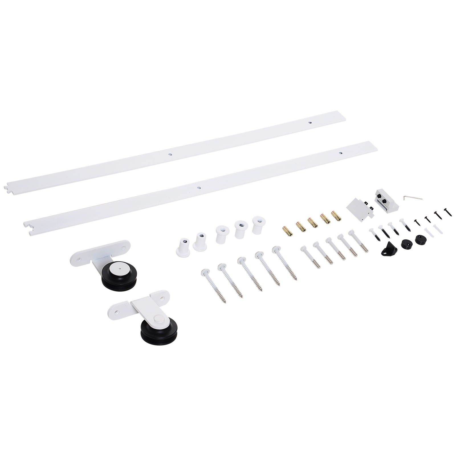 Herrajes blancos para puerta corredera con dos rieles, rodillos, tornillos y piezas en blanco.