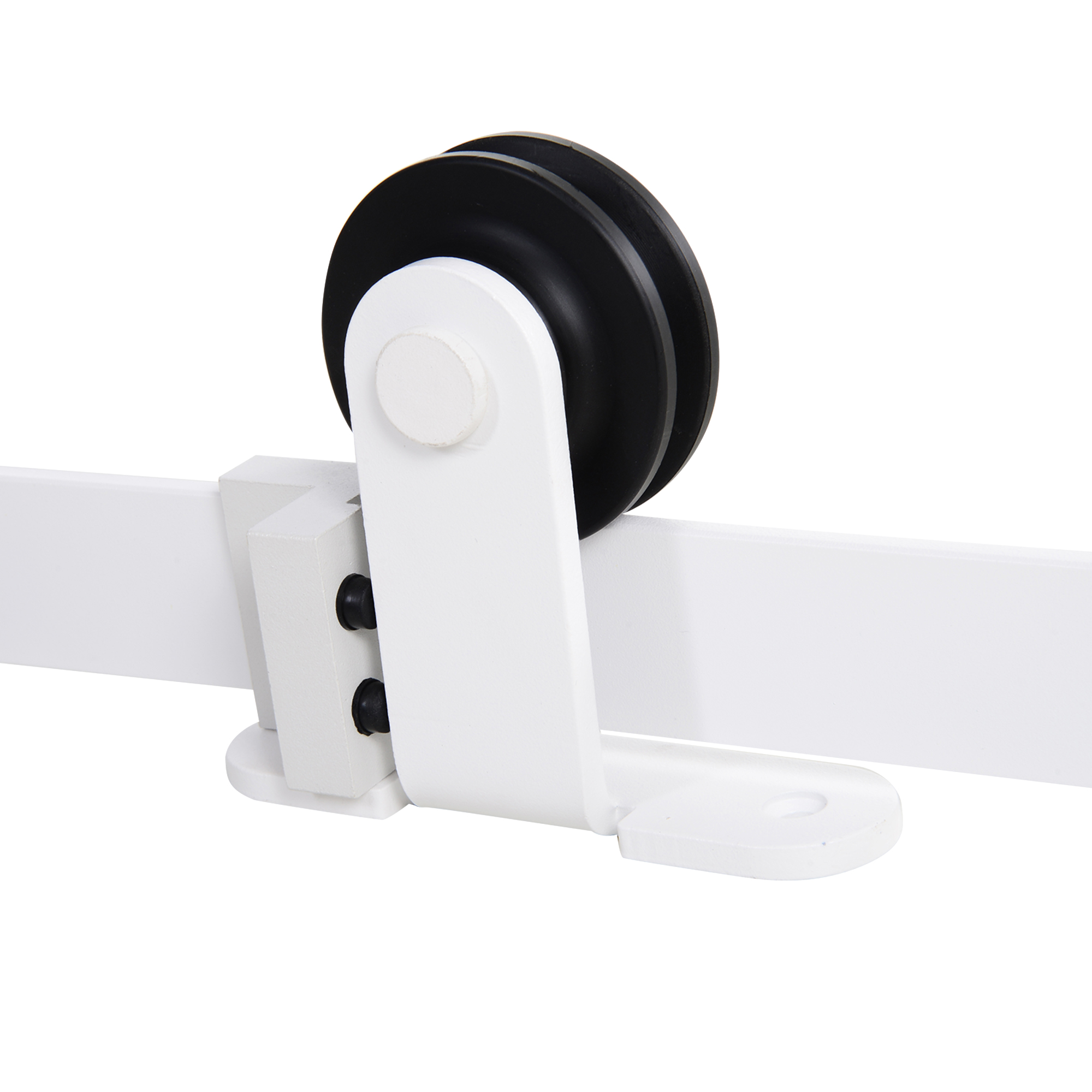 Un rodillo de puerta corredera negro montado en un riel blanco.