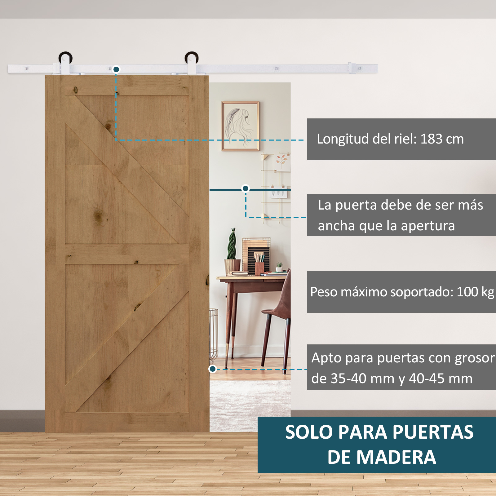 Puerta corredera de madera en riel blanco con textos informativos sobre medidas.