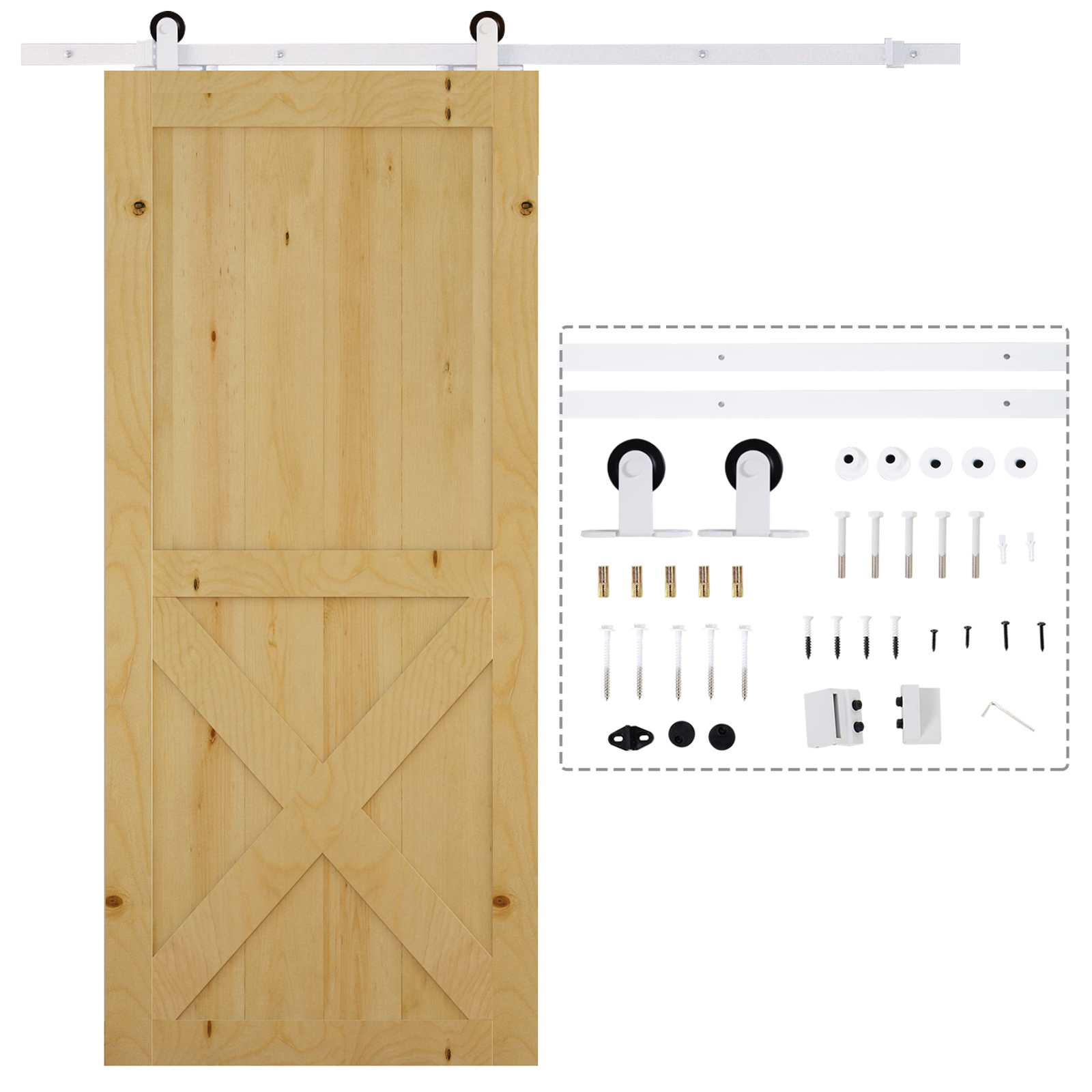 Una puerta de granero corrediza de madera clara con riel blanco, rodillos y kit de herrajes sobre fondo blanco.