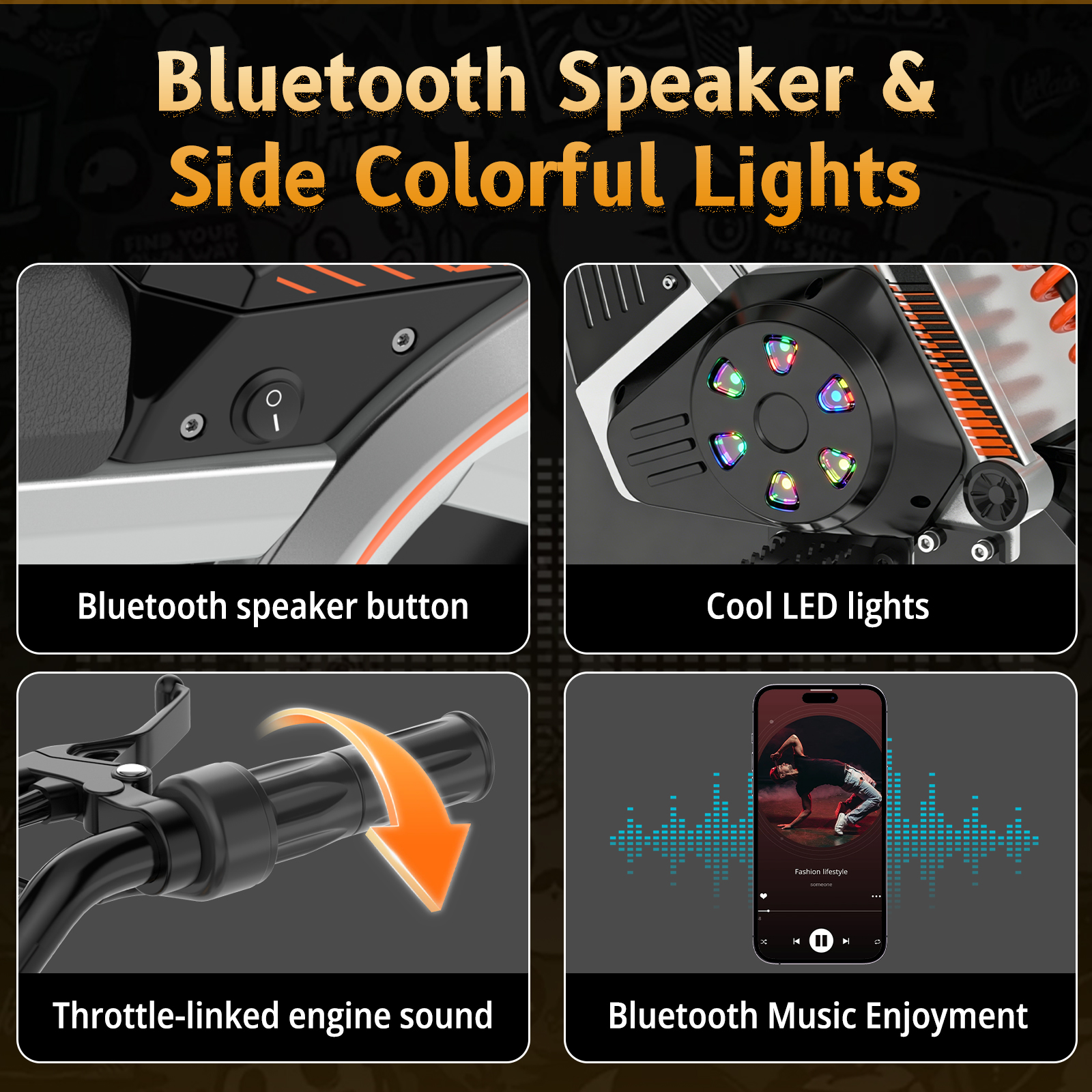 Un anuncio de altavoz Bluetooth y luces LED en un vehículo infantil con música.