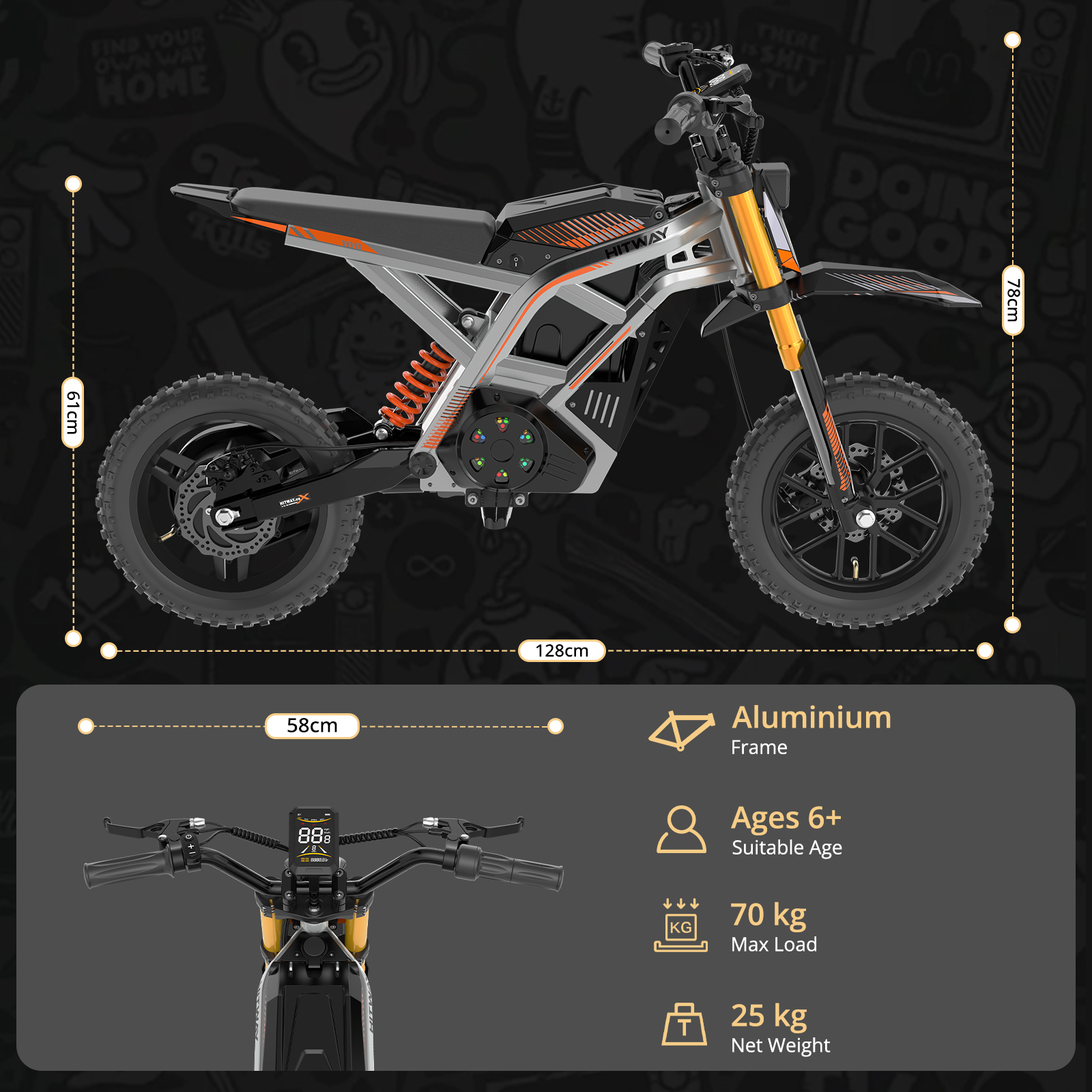 Moto eléctrica infantil plateada y negra con medidas, chasis de aluminio y límites de edad y peso.