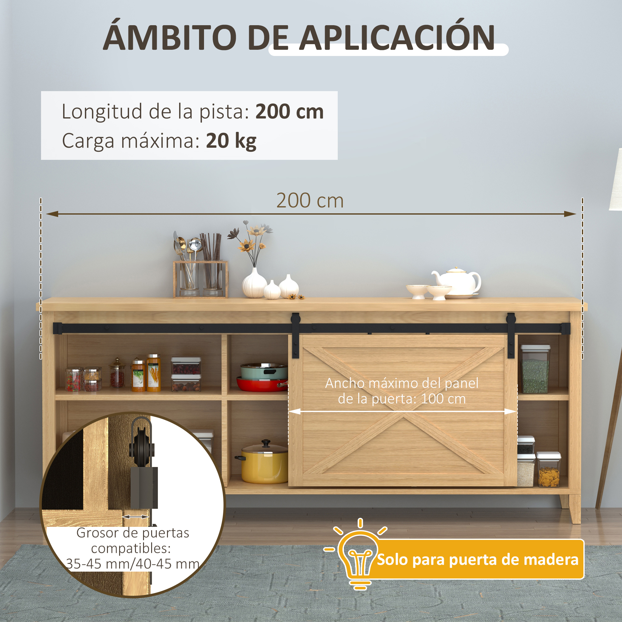 Diagrama de un aparador de madera con puerta corredera, mostrando dimensiones de longitud y carga.