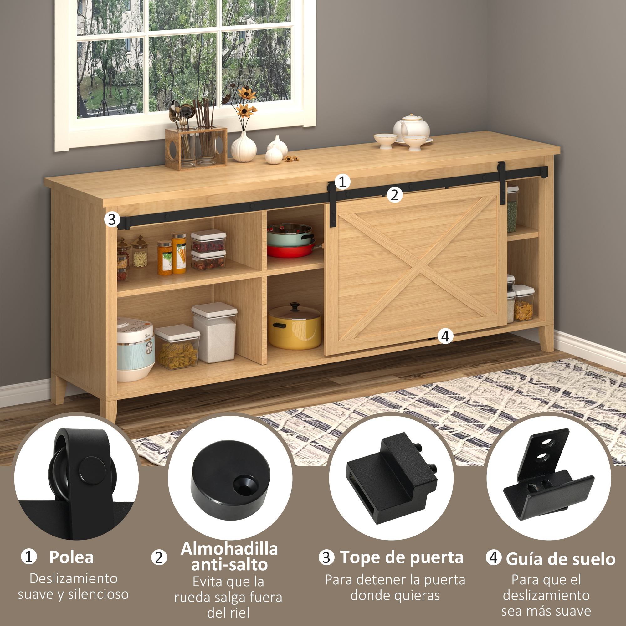 Un aparador de madera con puerta corredera, con detalles en miniatura de cuatro componentes.