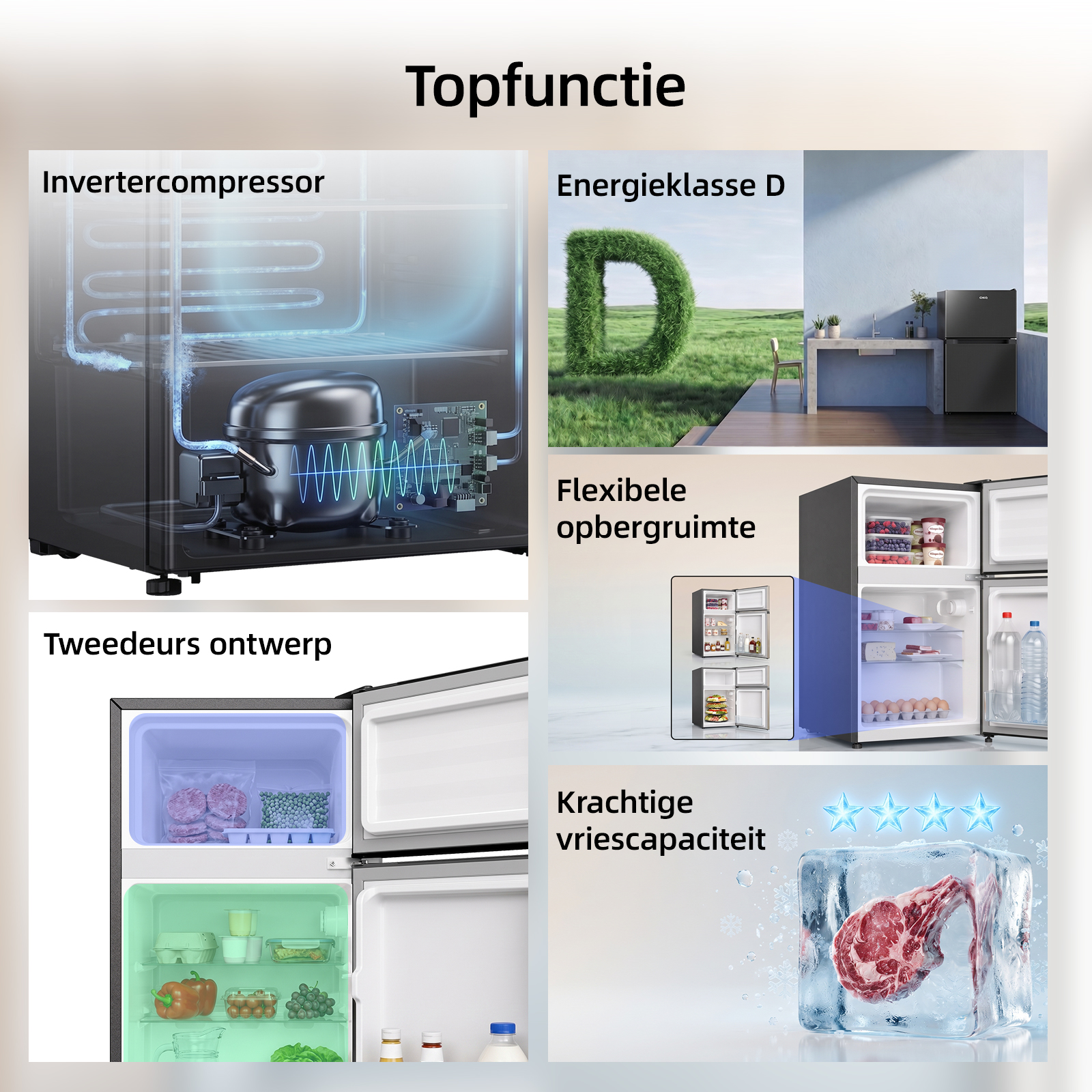 Infographie présentant les caractéristiques d'un réfrigérateur avec compresseur inverter et classe énergétique D.