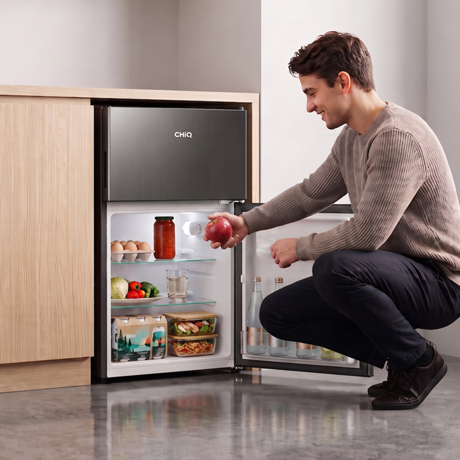 Un homme souriant s'agenouille devant un petit réfrigérateur CHiQ ouvert, tenant une pomme rouge.
