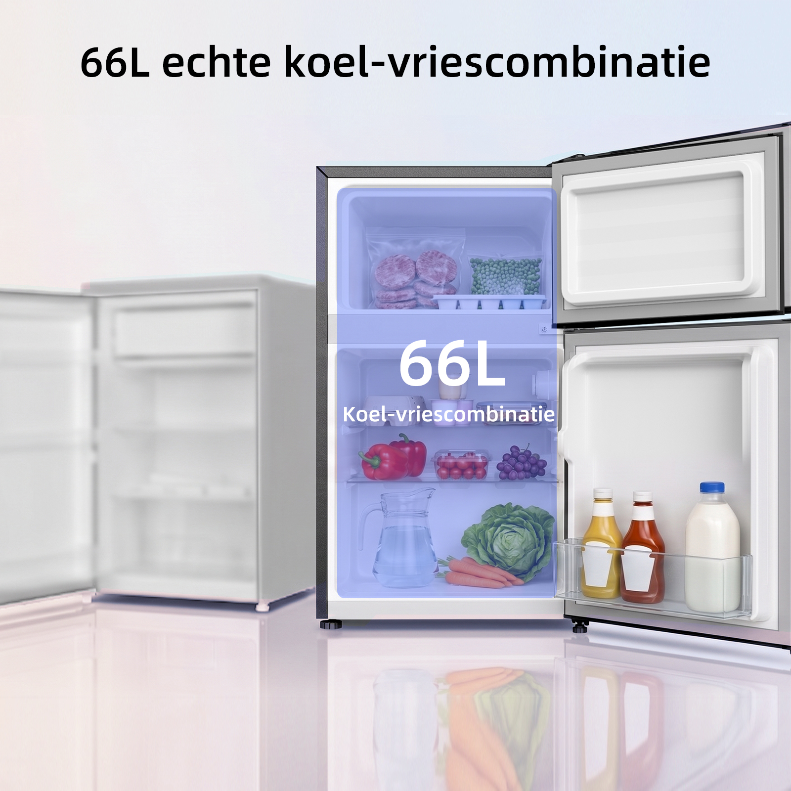 Un mini réfrigérateur de 66L avec portes ouvertes, montrant de la nourriture et des boissons à l'intérieur.