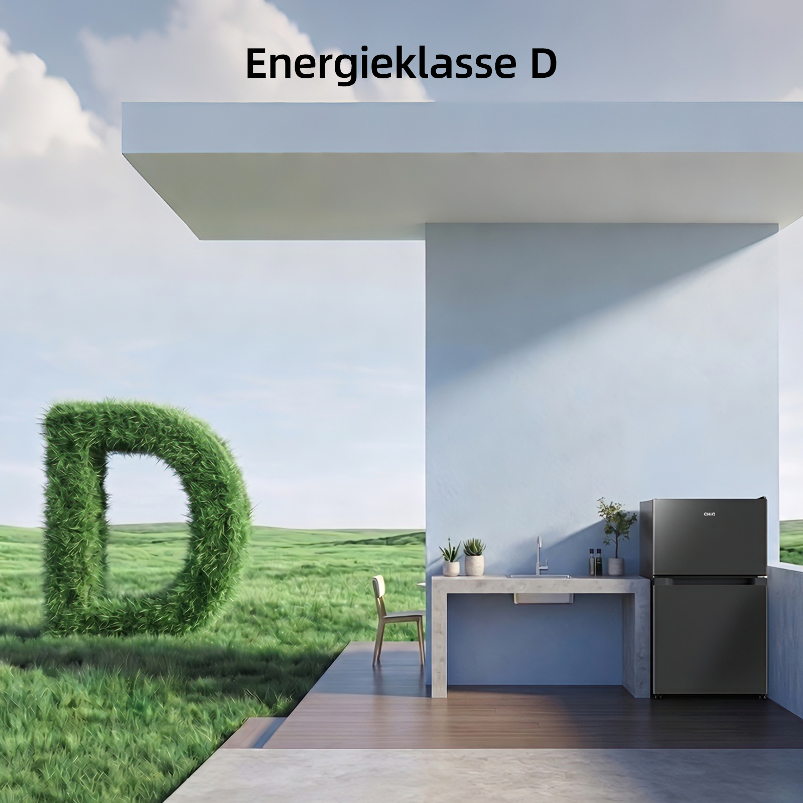 Een moderne buitenkeuken met zwarte koelkast en gootsteen, naast een grasveld met een grote letter D.