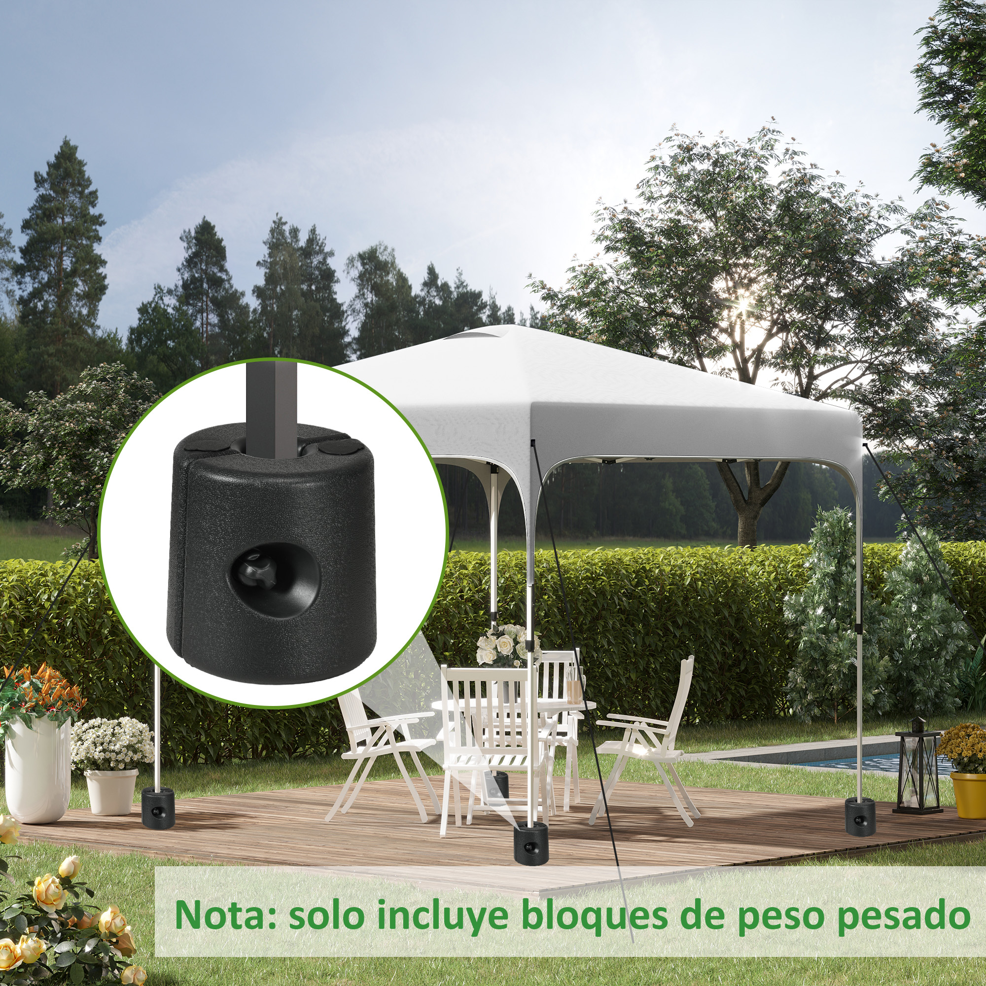 Un cenador blanco en una terraza de madera en un jardín, con una vista ampliada de una base de peso negra.