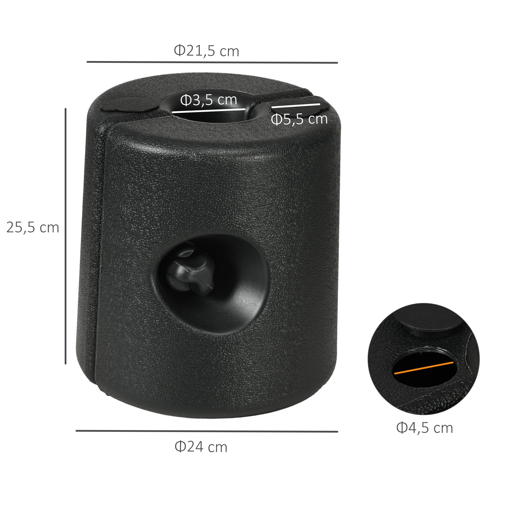 Base de sombrilla cilíndrica de plástico negro con indicadores de dimensiones.